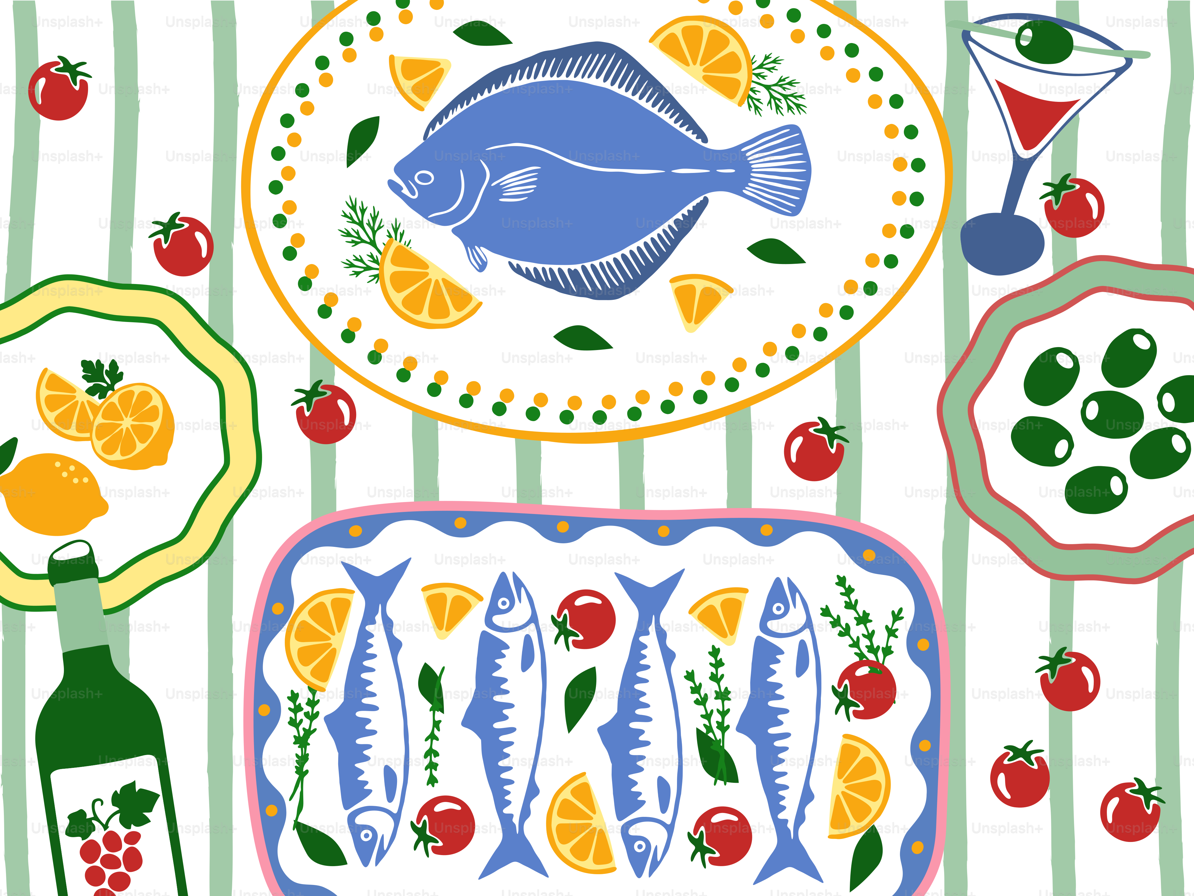 A festive spread of fish, fruit, and drinks.