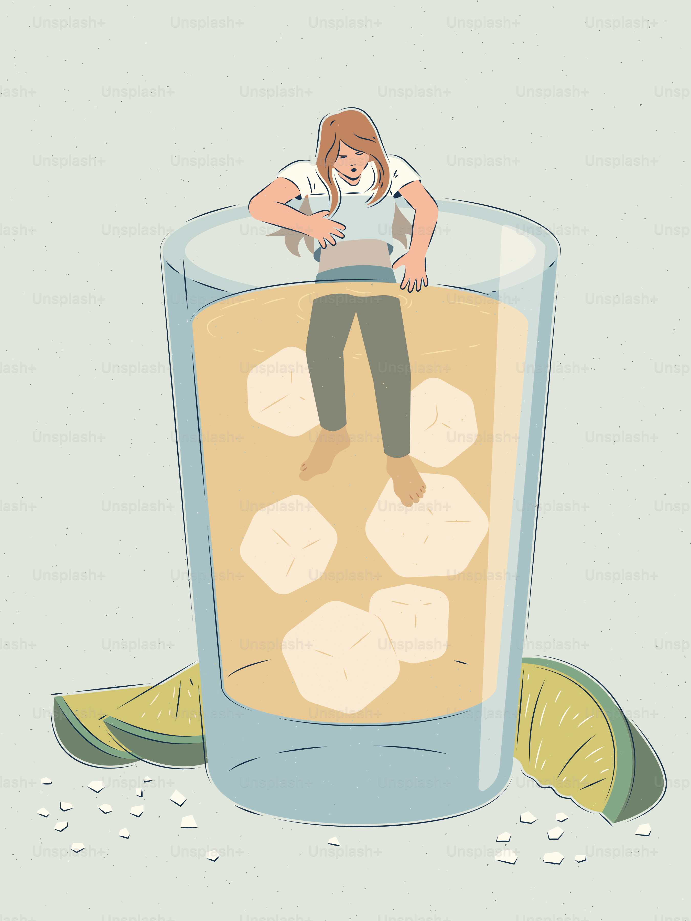 얼음과 라임이 담긴 유리잔에 앉아 있는 여자