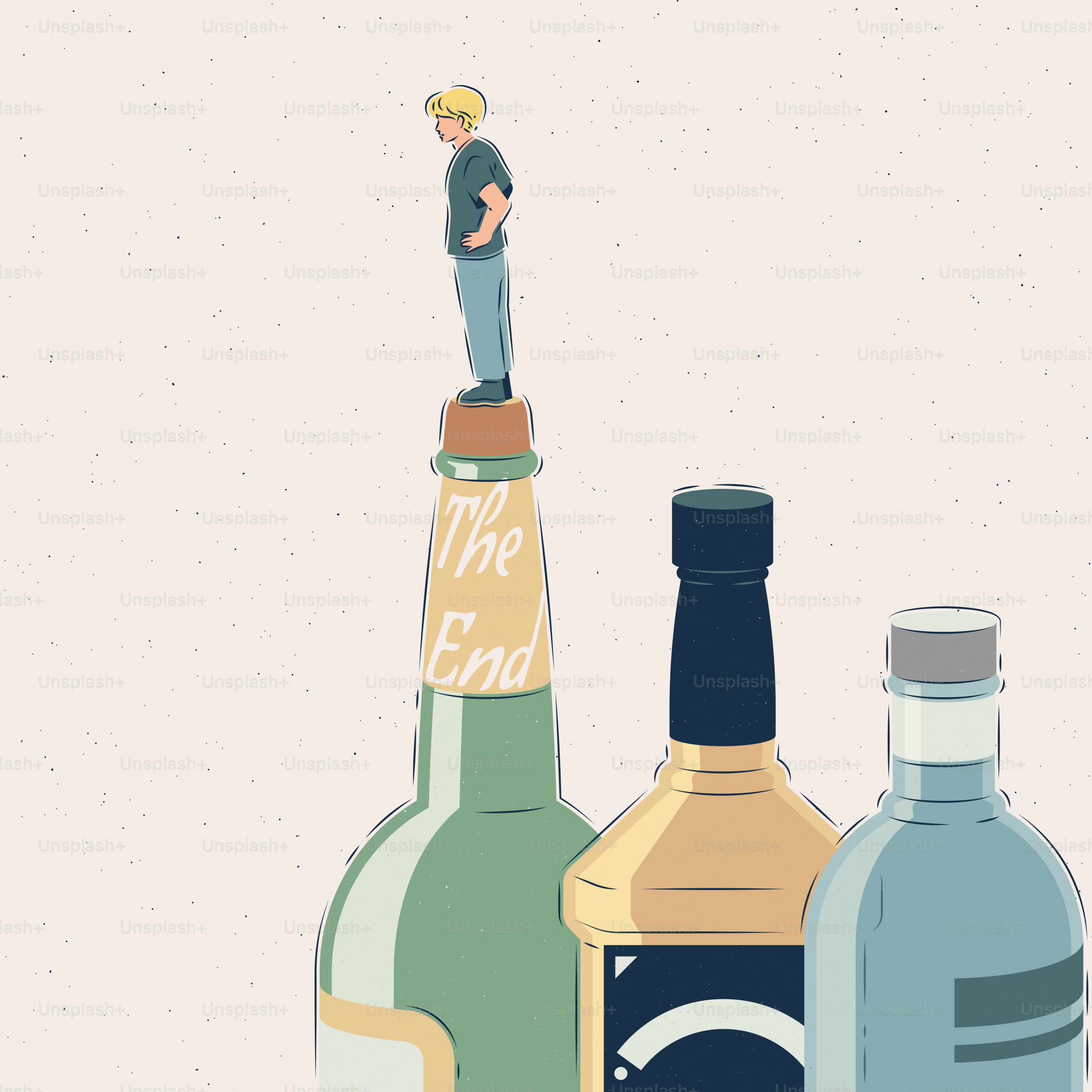 남자는 '끝'이라고 적힌 병 위에 서 있다.