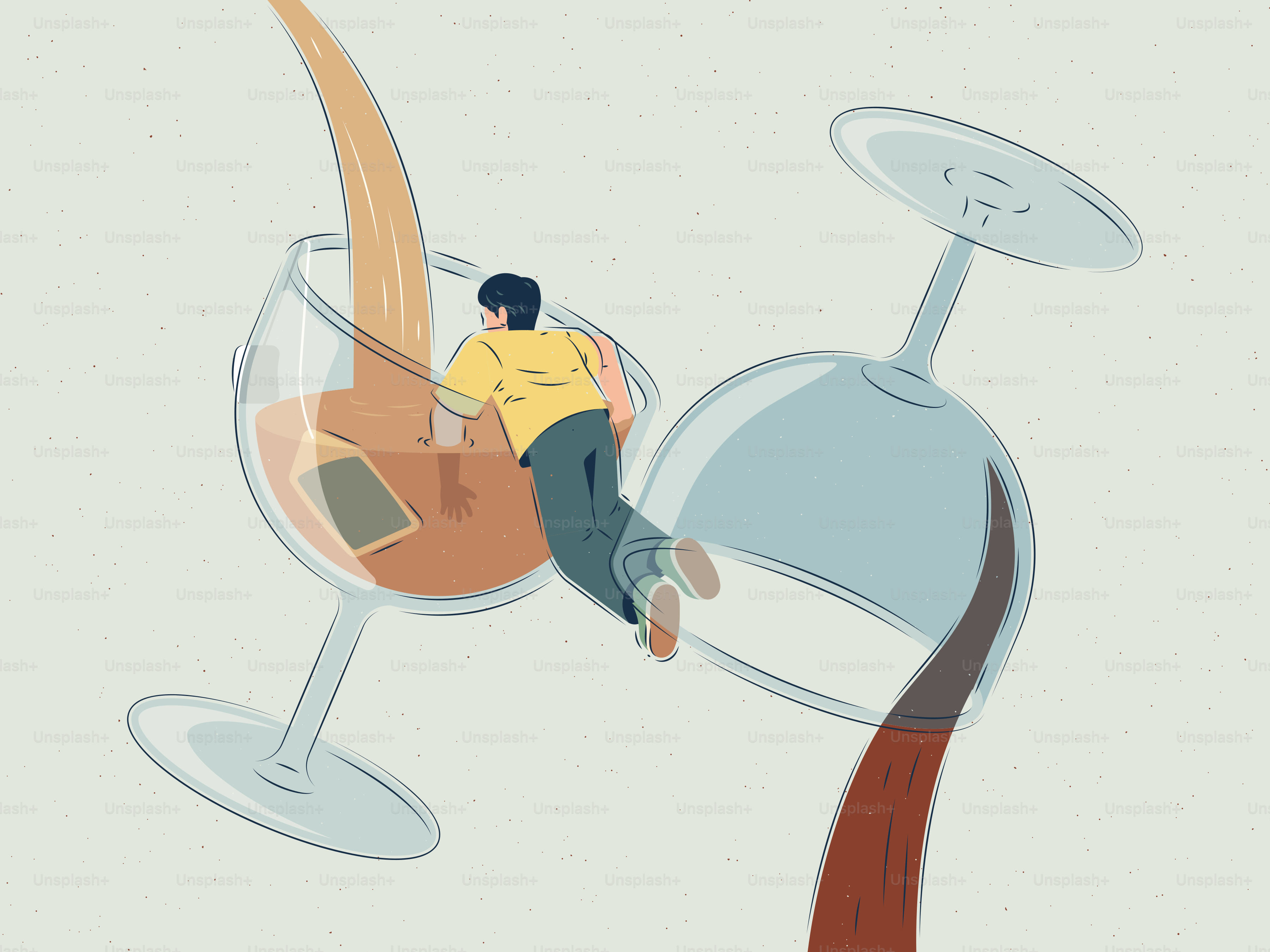 남자가 차와 함께 와인잔에 빠지는 모습