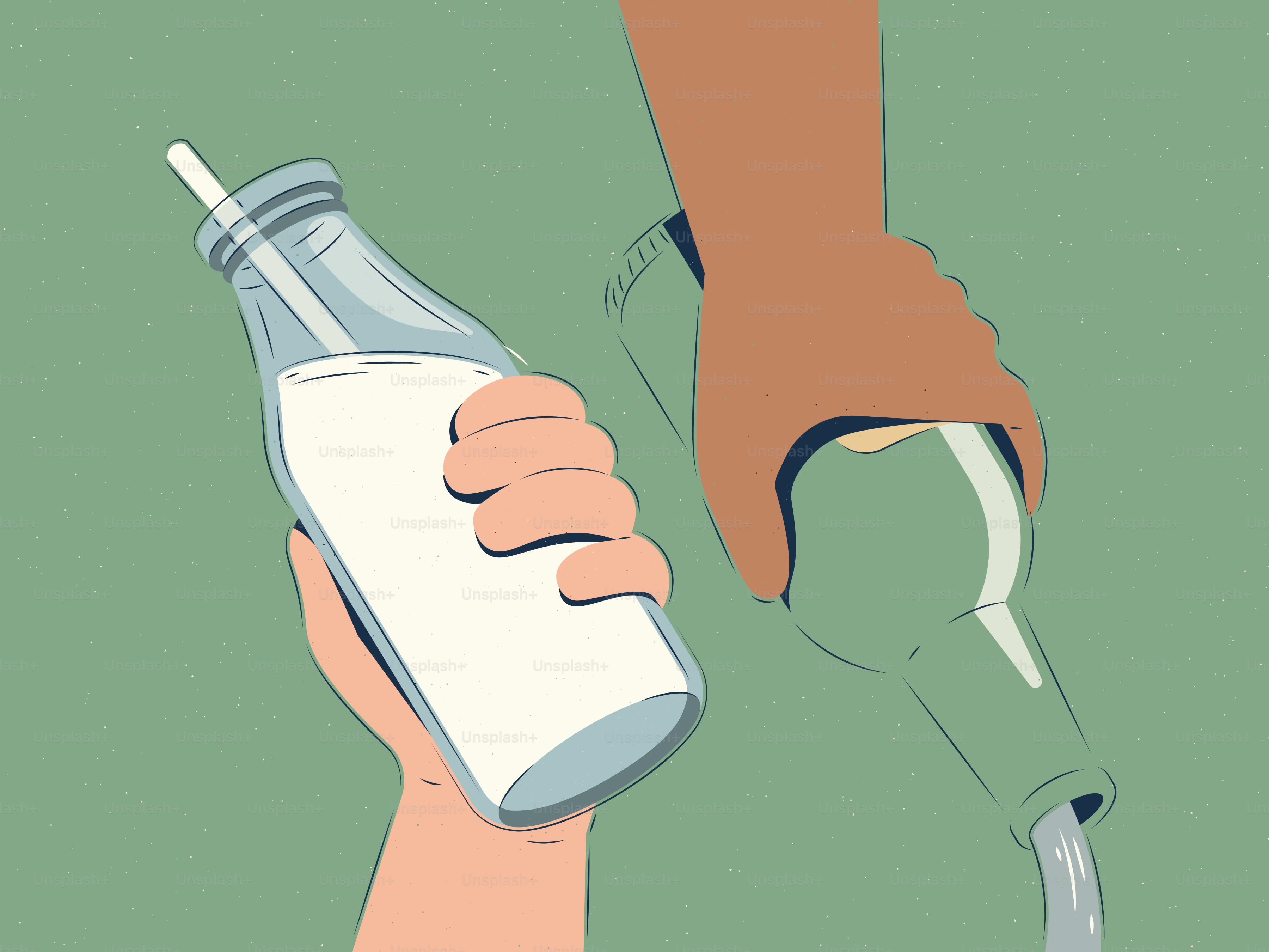 두 손이 우유병과 초록색 병을 들고 있다