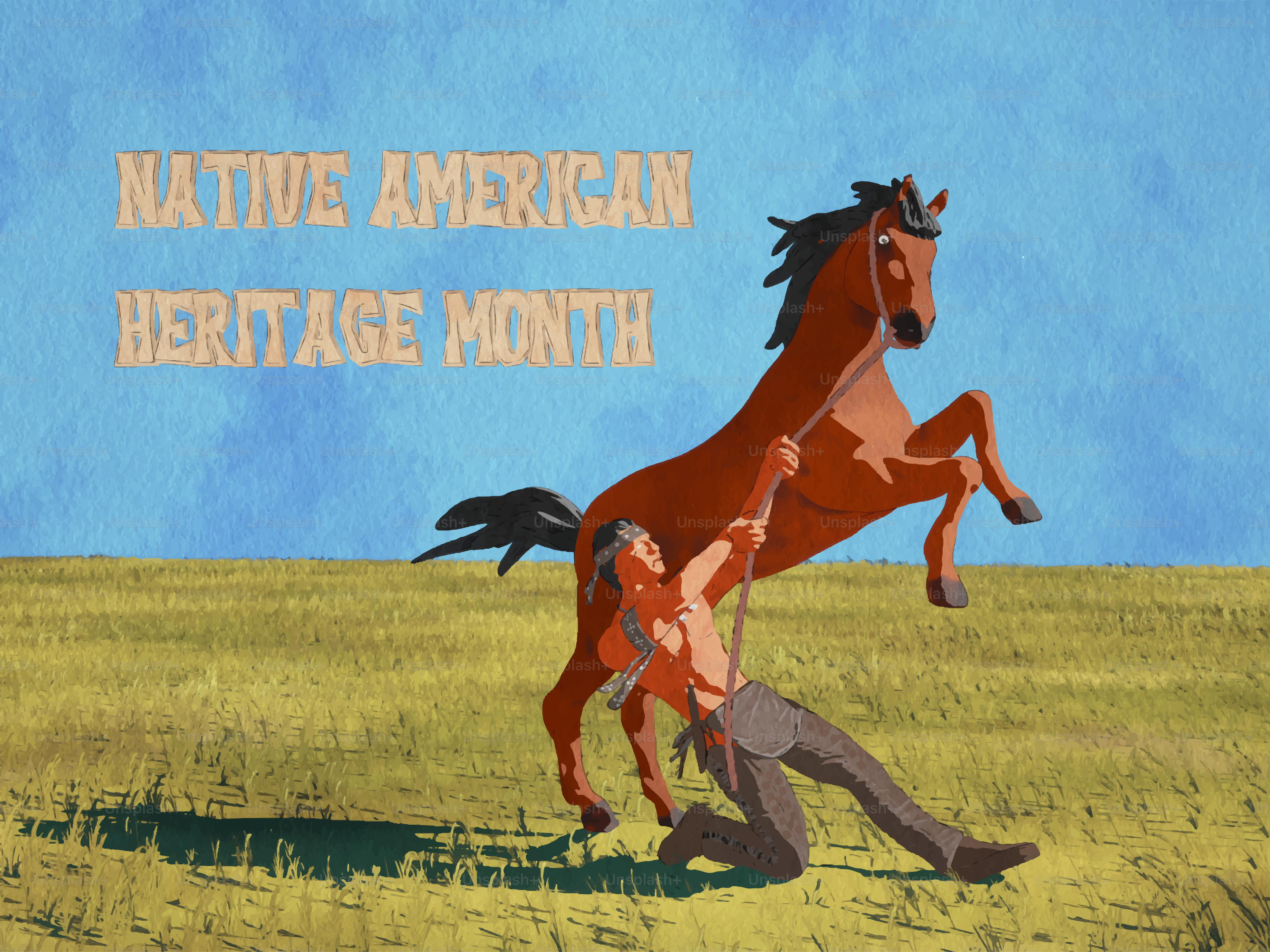 Homem nativo americano domando um cavalo selvagem