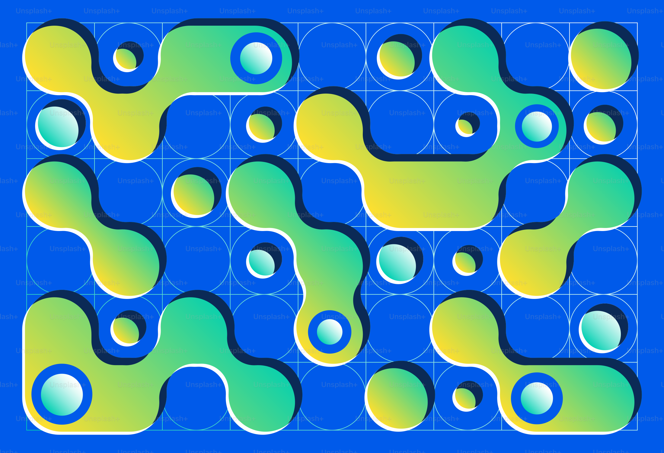 Fundo azul abstrato com formas orgânicas verdes e amarelas