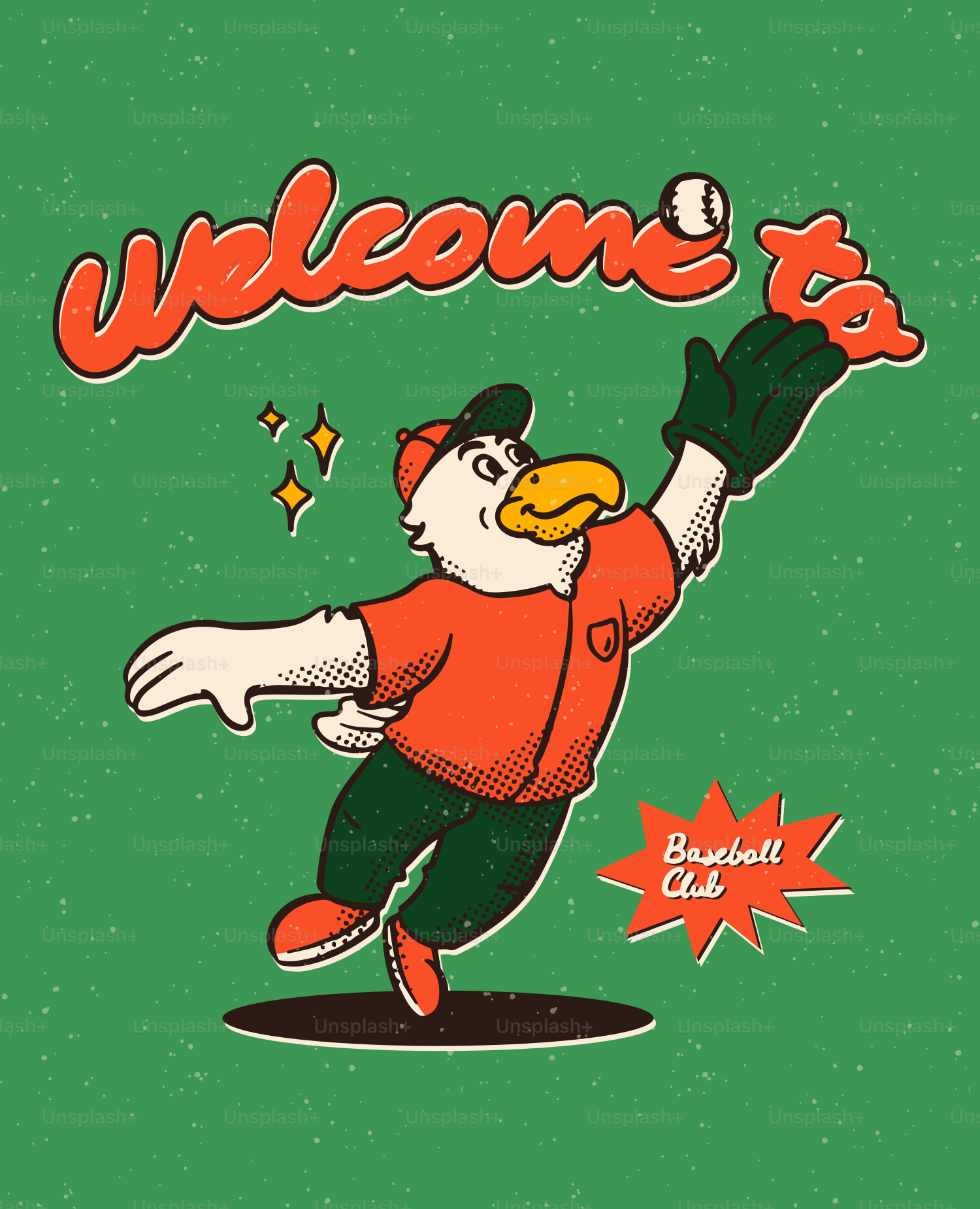 Mascote águia pegando uma bola de beisebol para um clube.