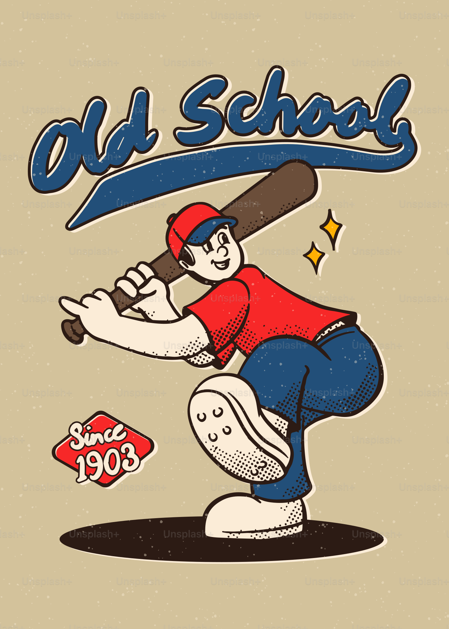 Cartoon baseball player with bat, text "old school"