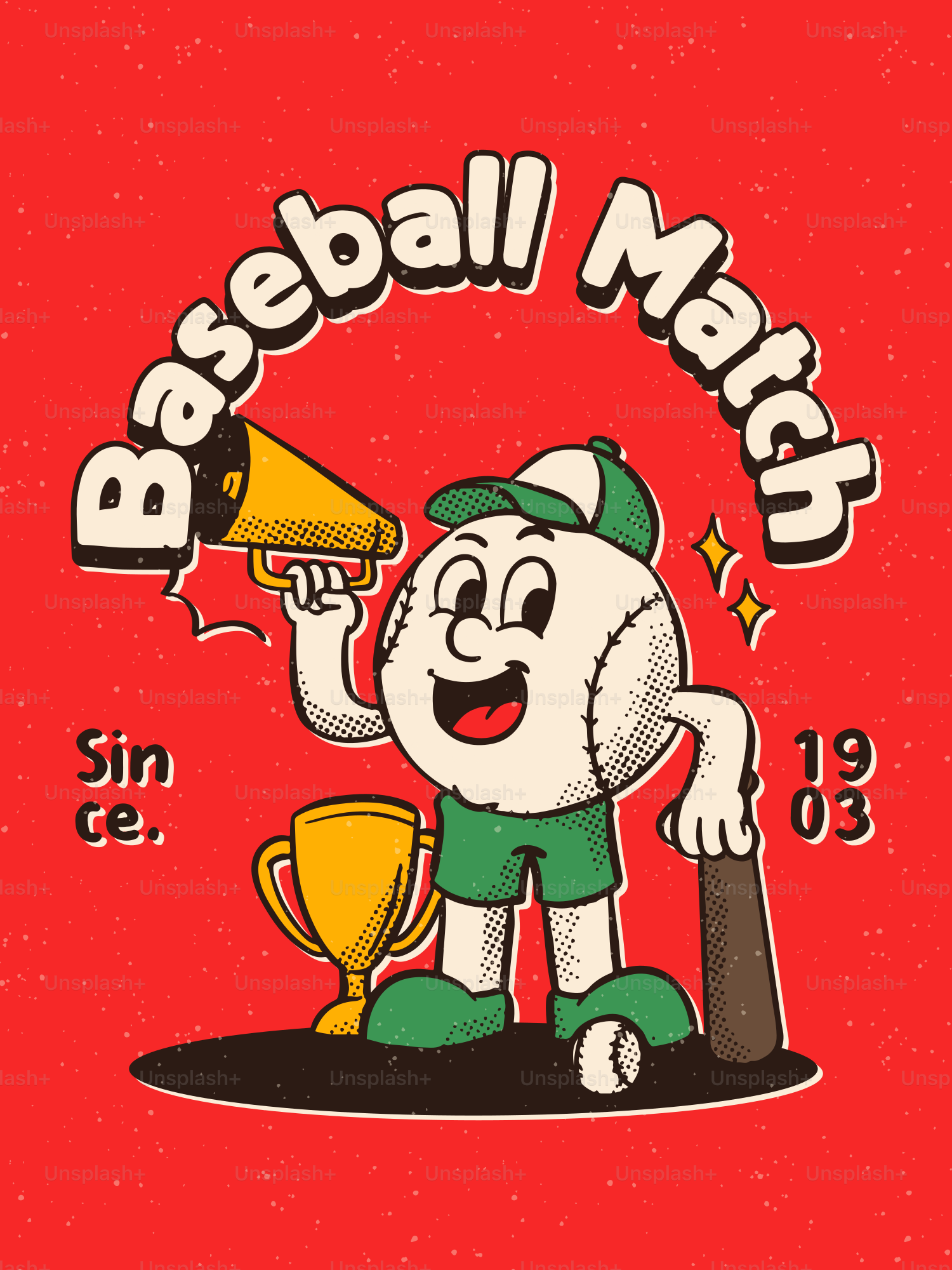 Personagem de beisebol de desenho animado com troféu e bastão