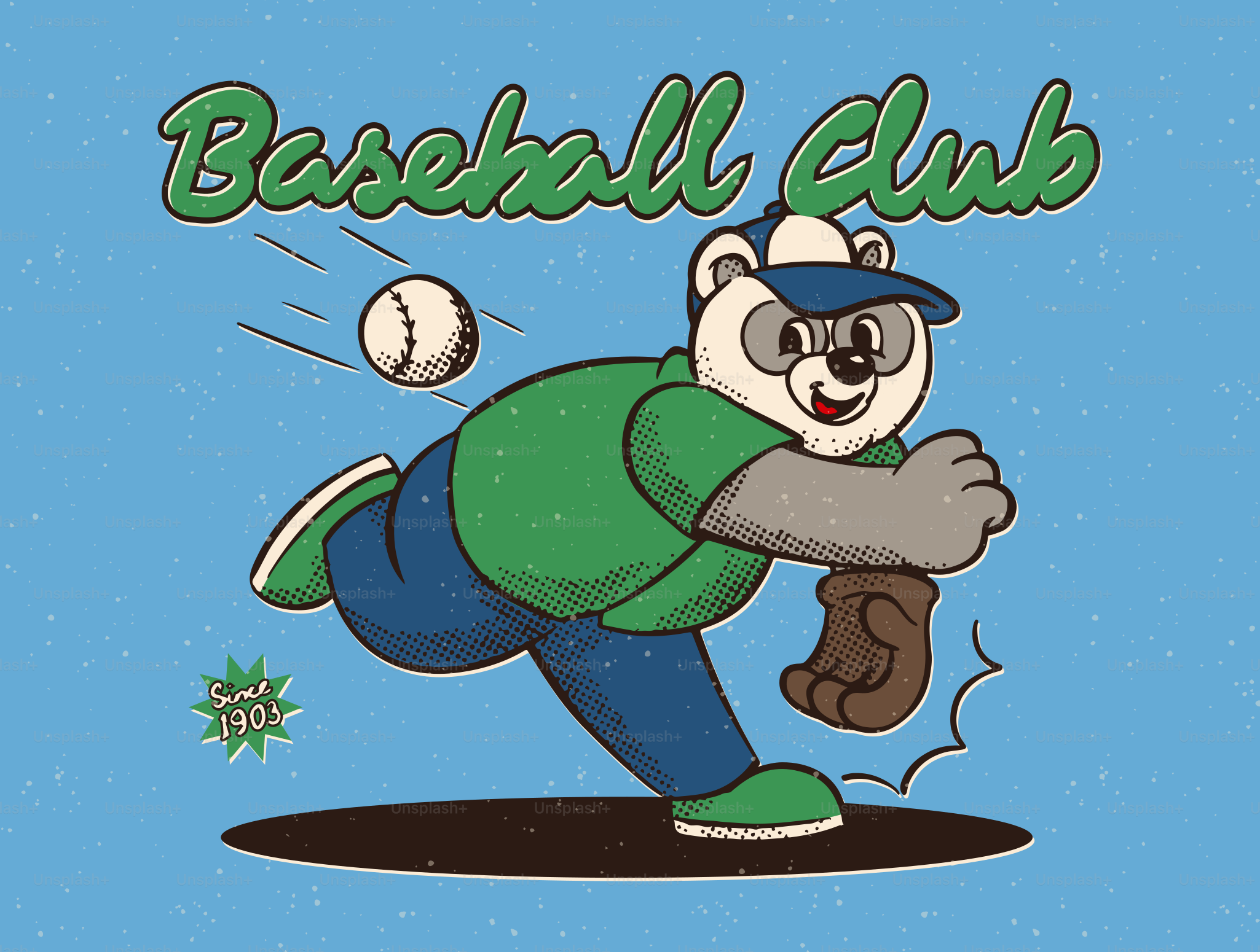 Un orso dei cartoni animati che lancia una palla da baseball