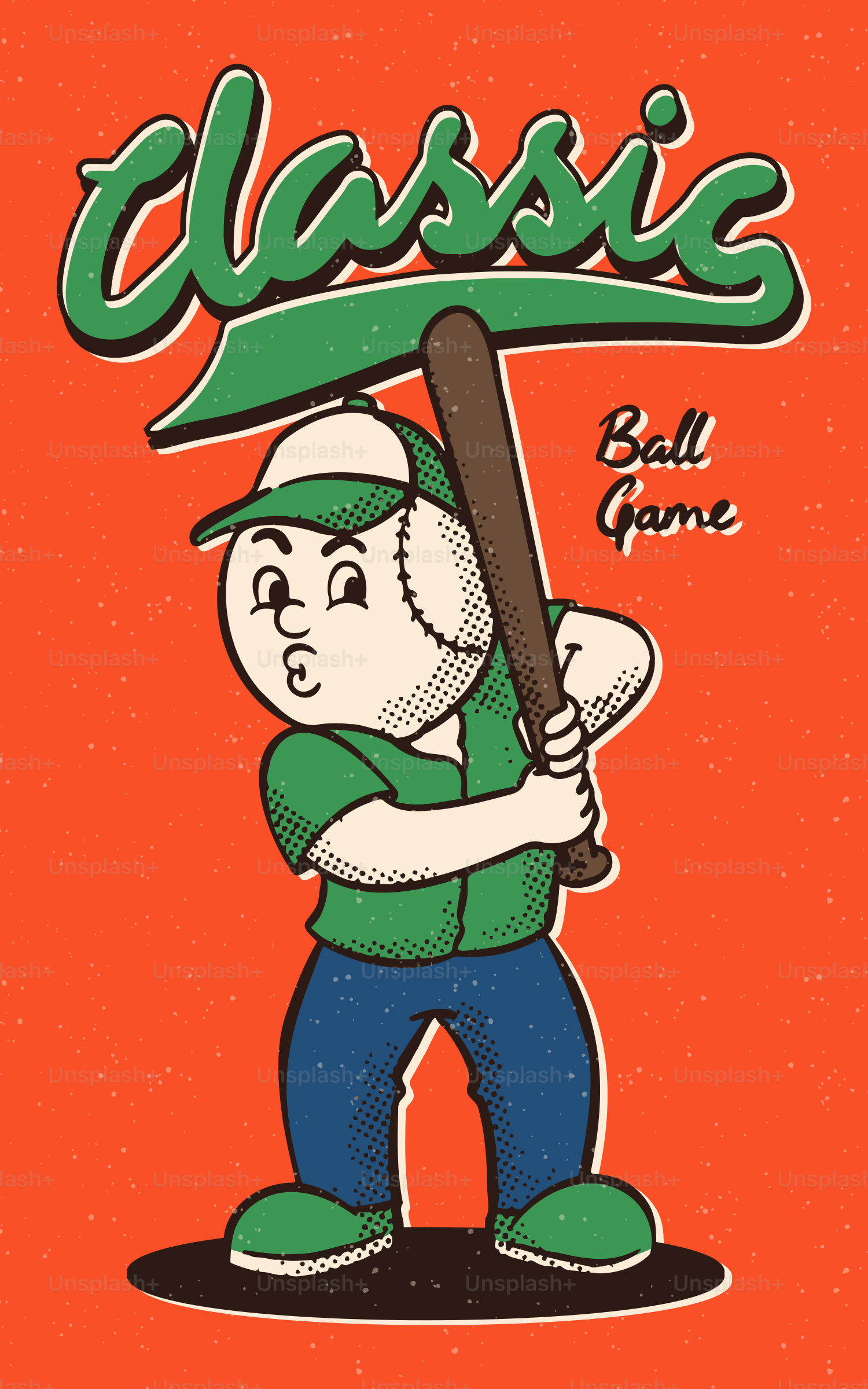 Jogador de beisebol de desenho animado com bastão e texto de "jogo clássico".