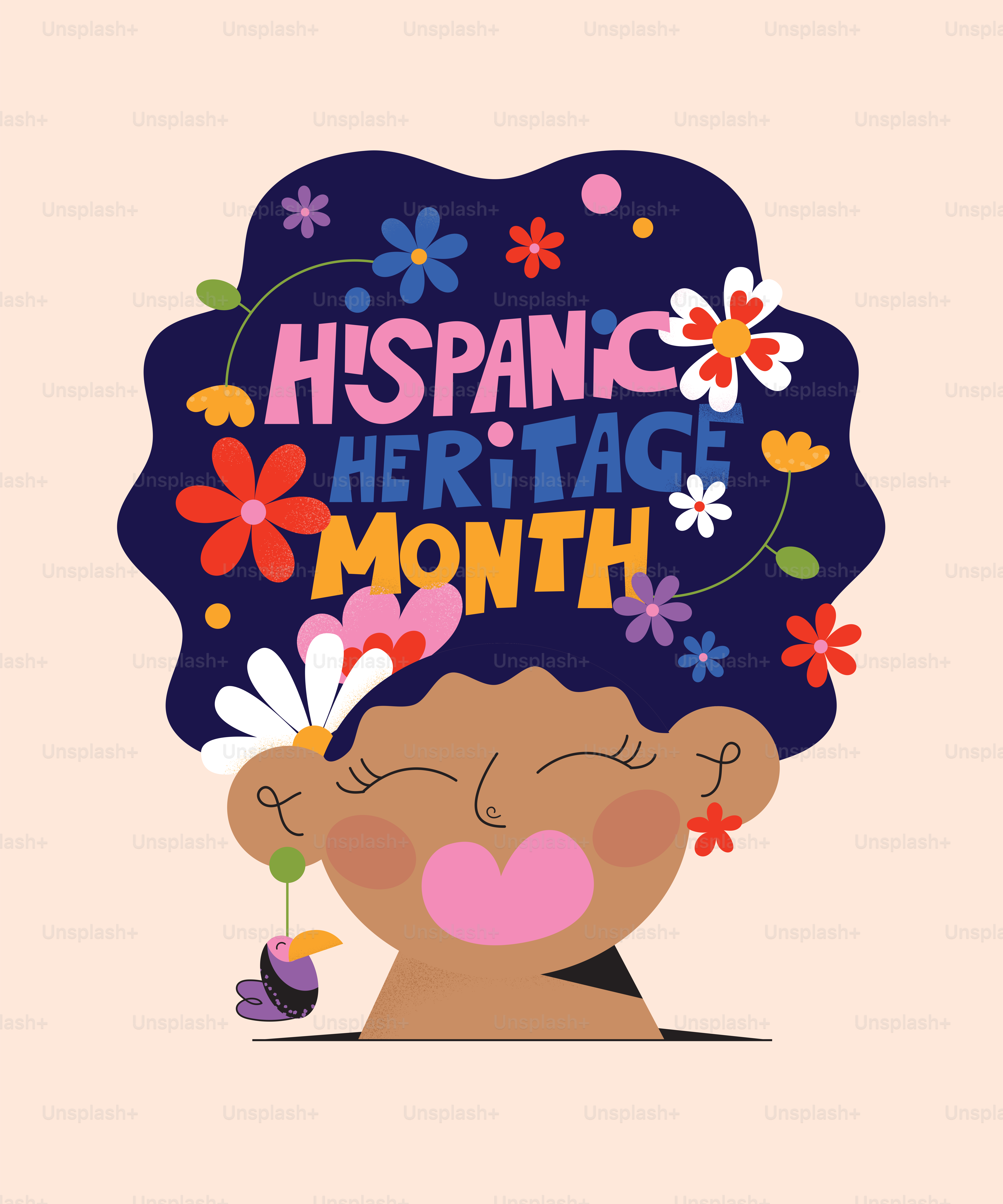 Hispanischer Kulturerbemonat mit bunten Blumen im Haar