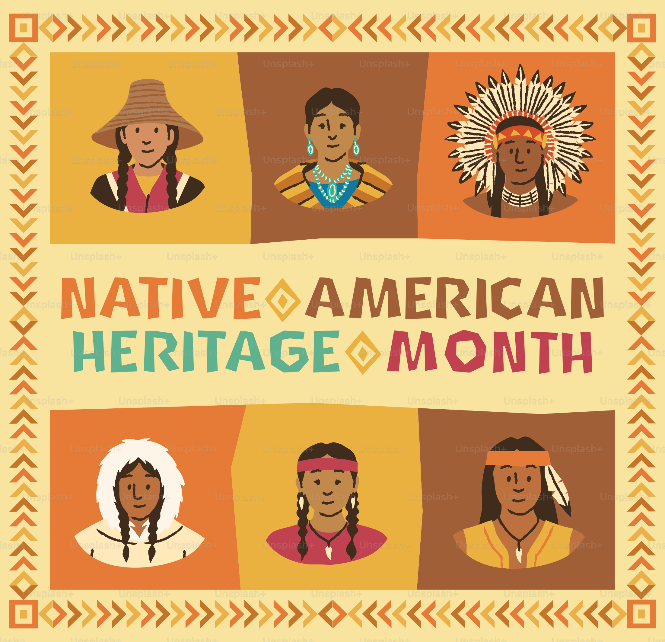 Native american heritage month illustration with diverse portraits.