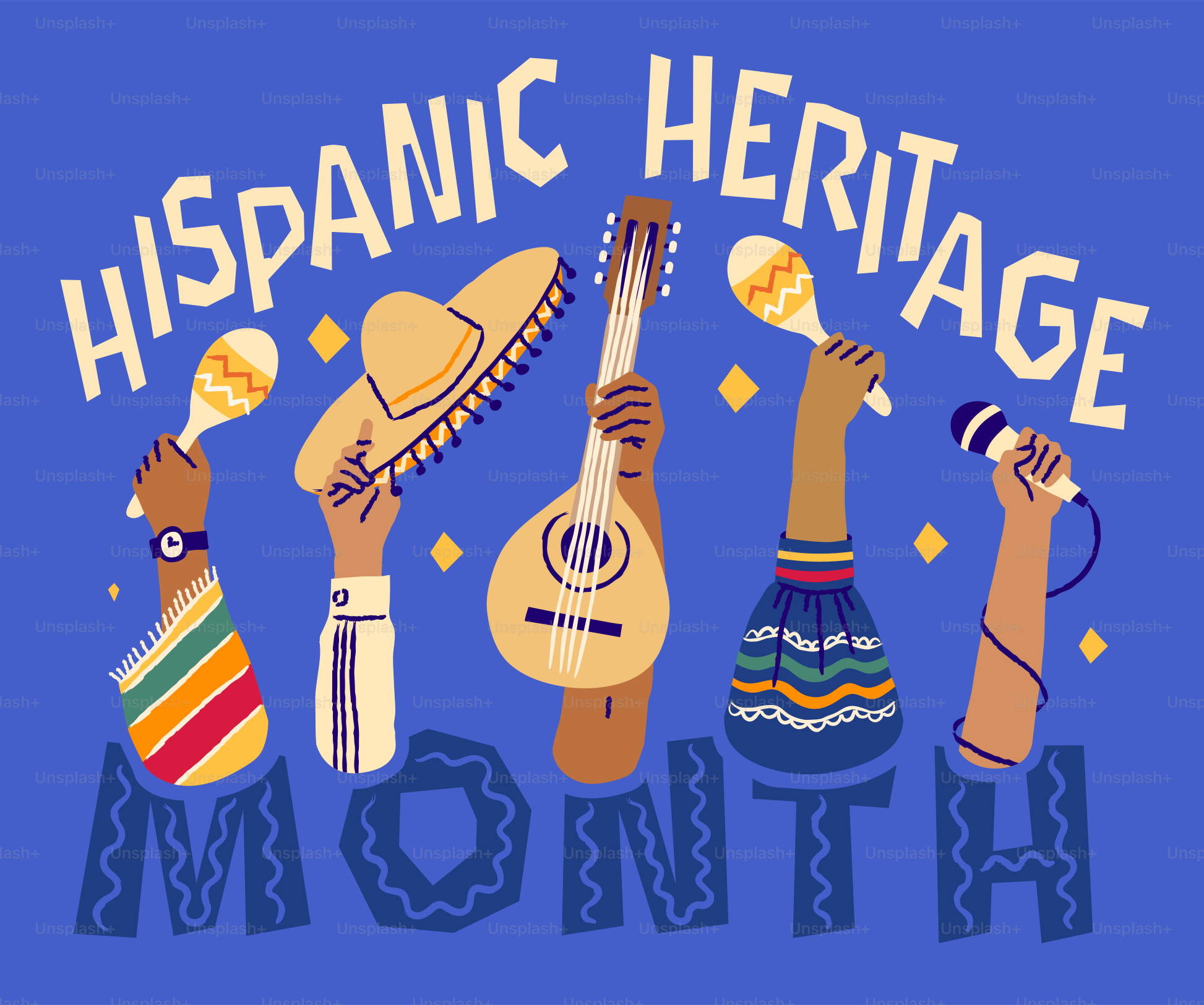 Hispanic heritage month celebrated with music and diverse hands.