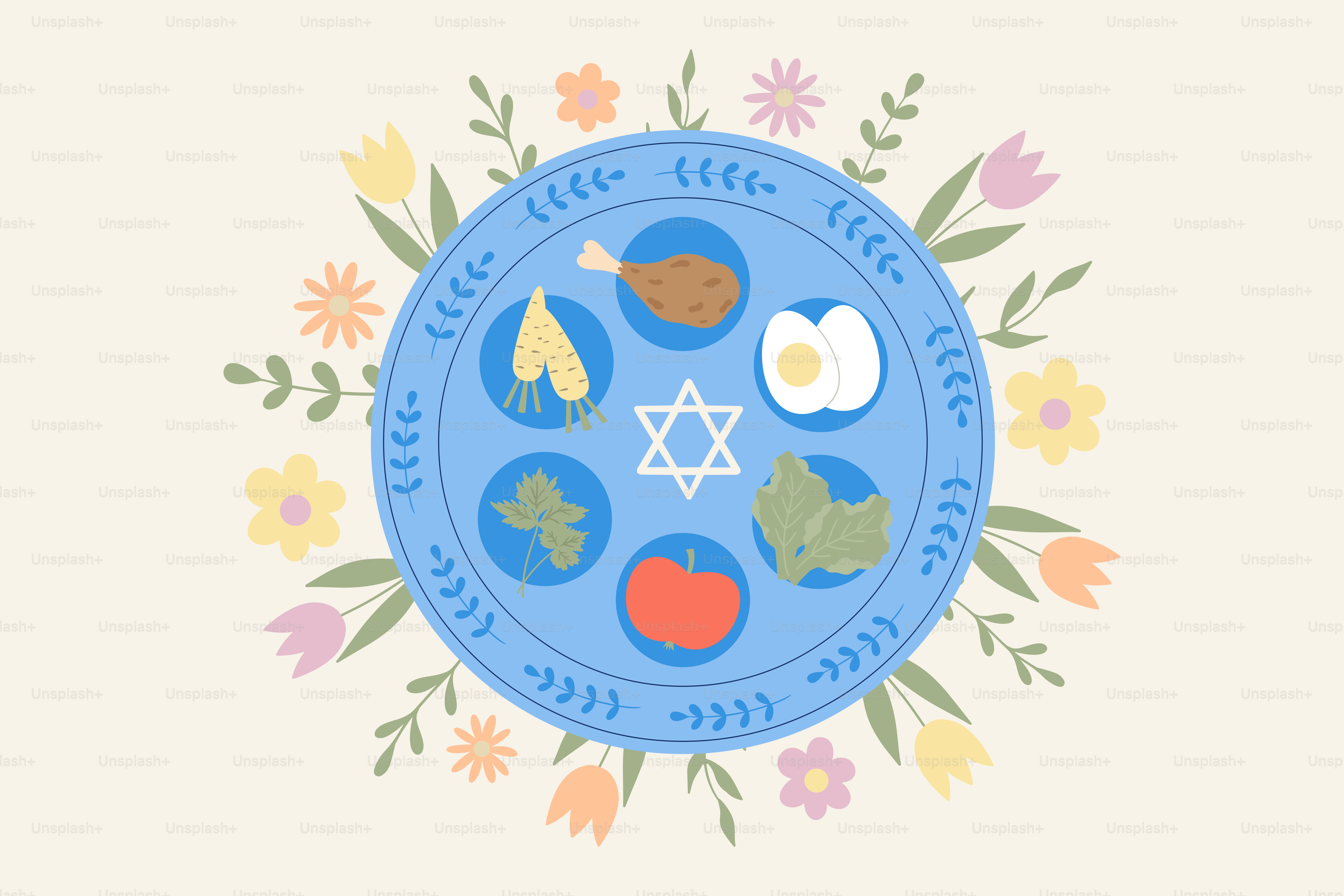 Seder plate with symbolic foods and floral border vector – Spring Image ...