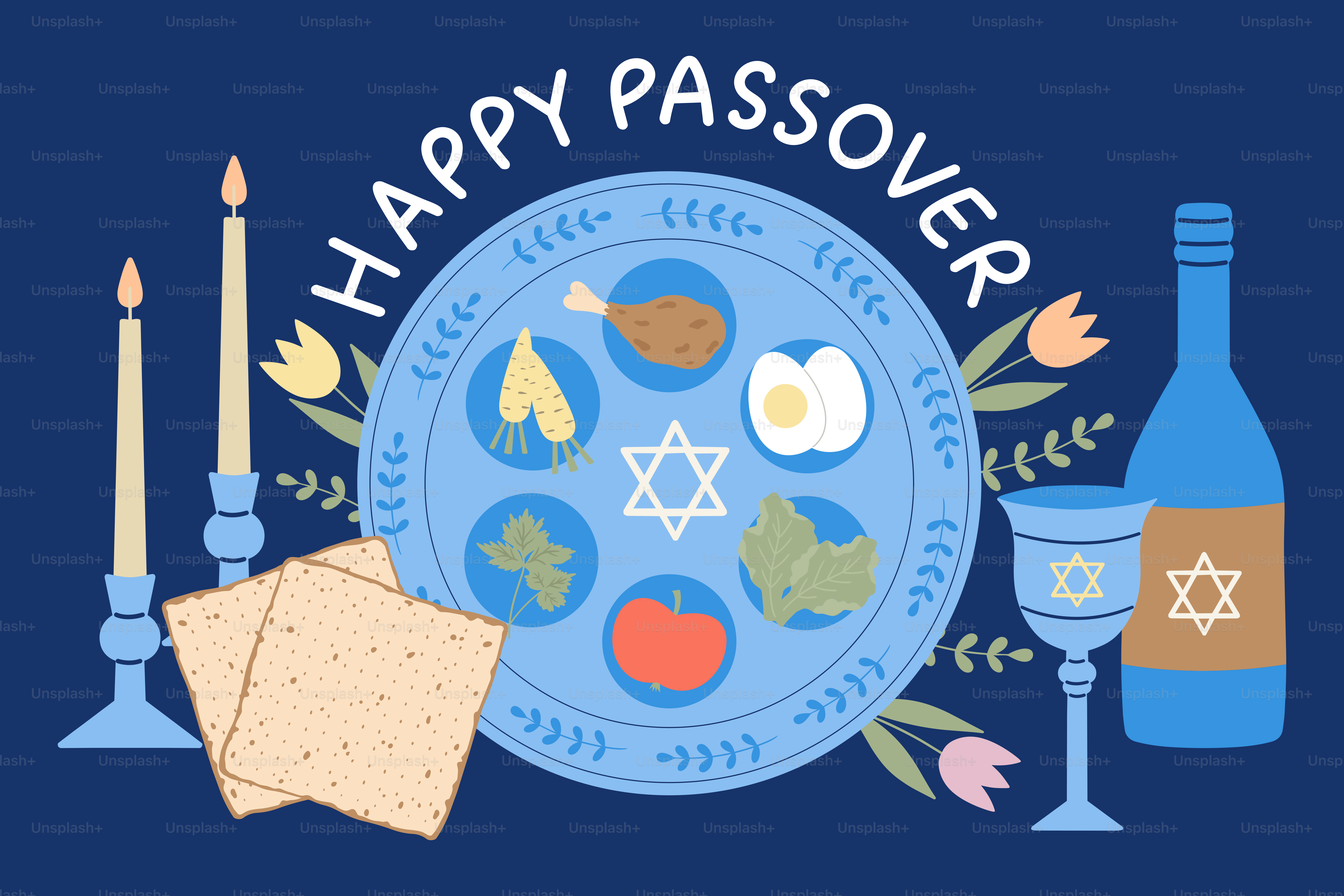 Joyeux assiette de seder de la Pâque avec matza et vin