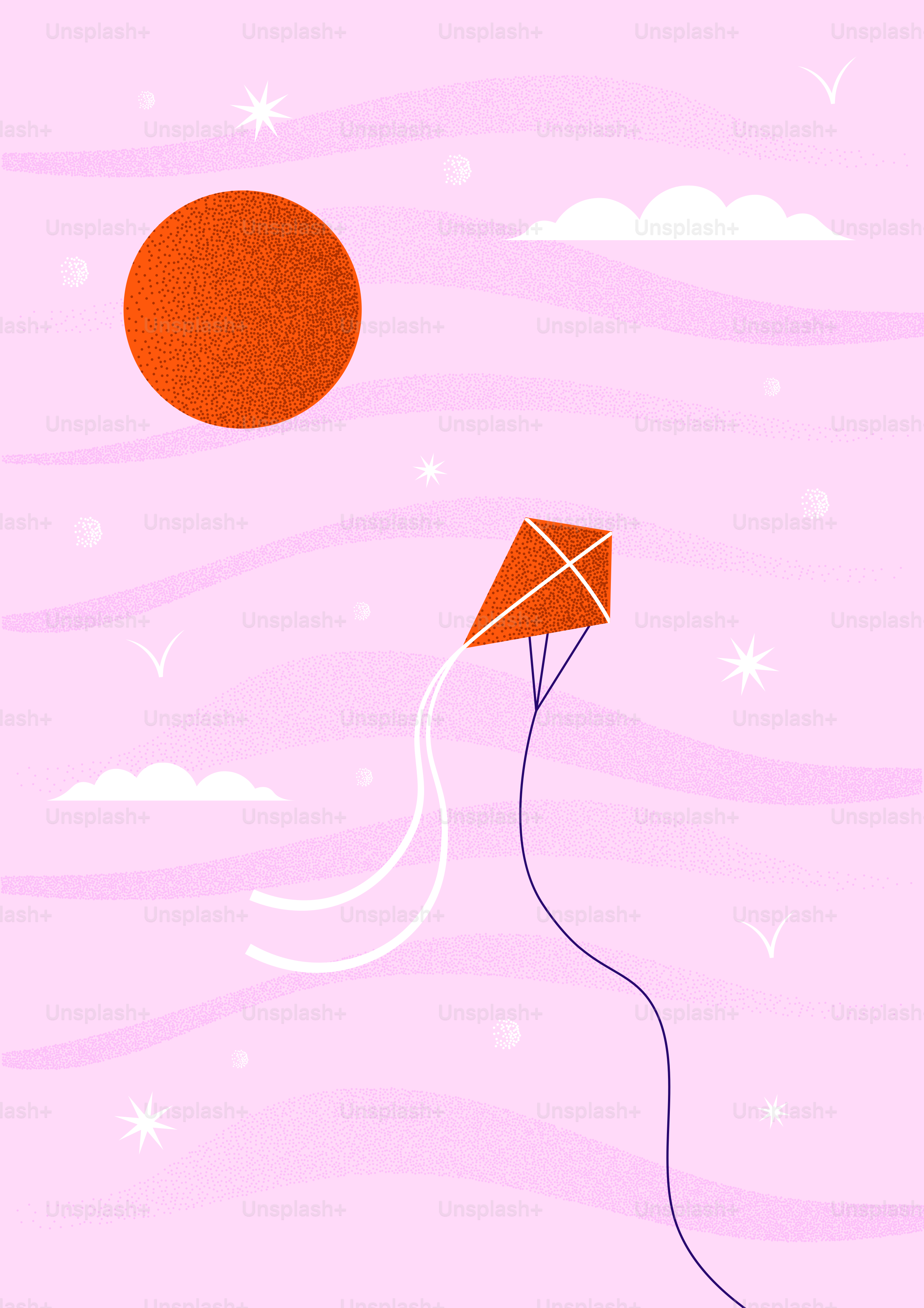 Cometa naranja volando en un cielo rosa con sol