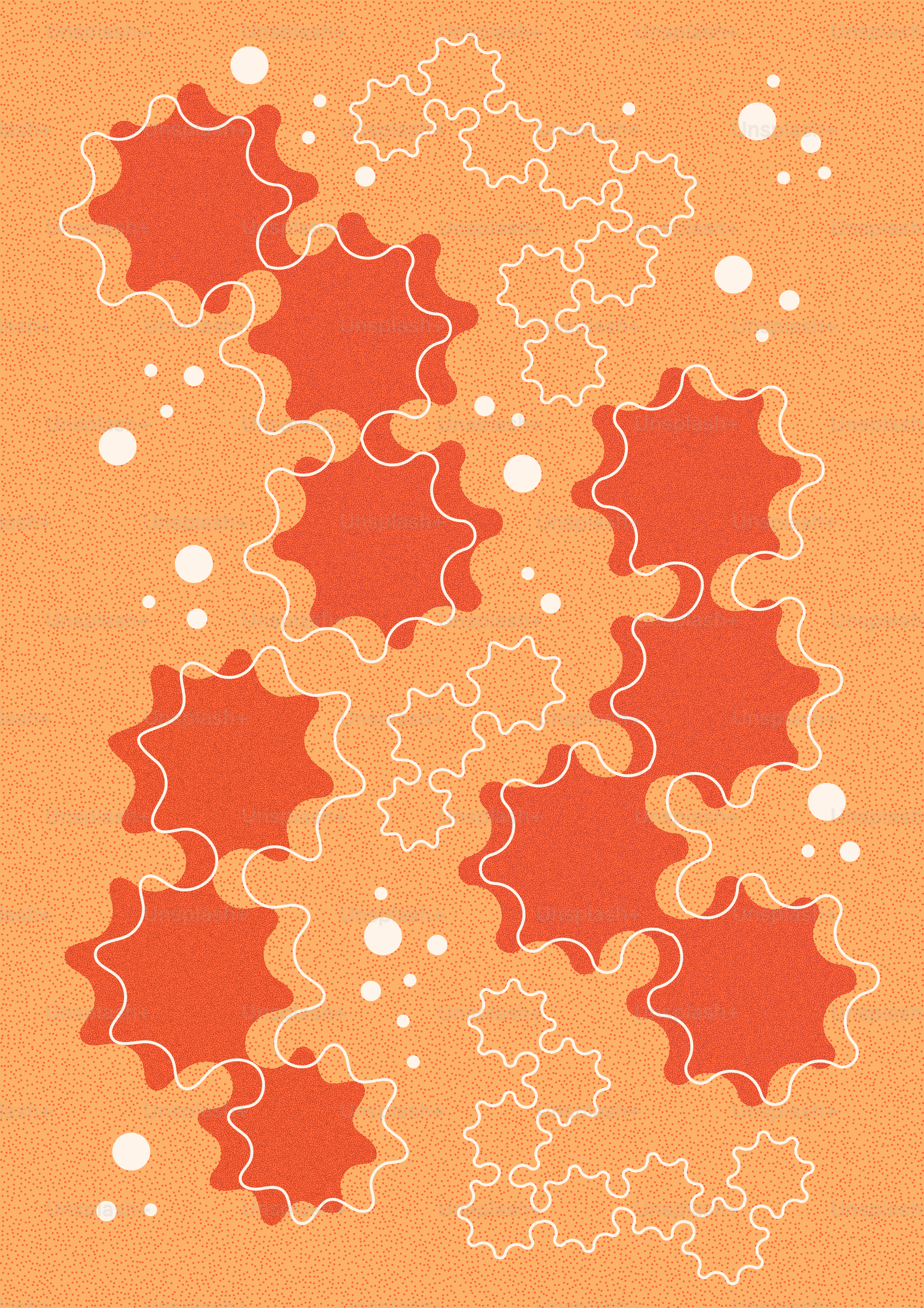 Fondo naranja con formas de estrellas rojas y puntos blancos