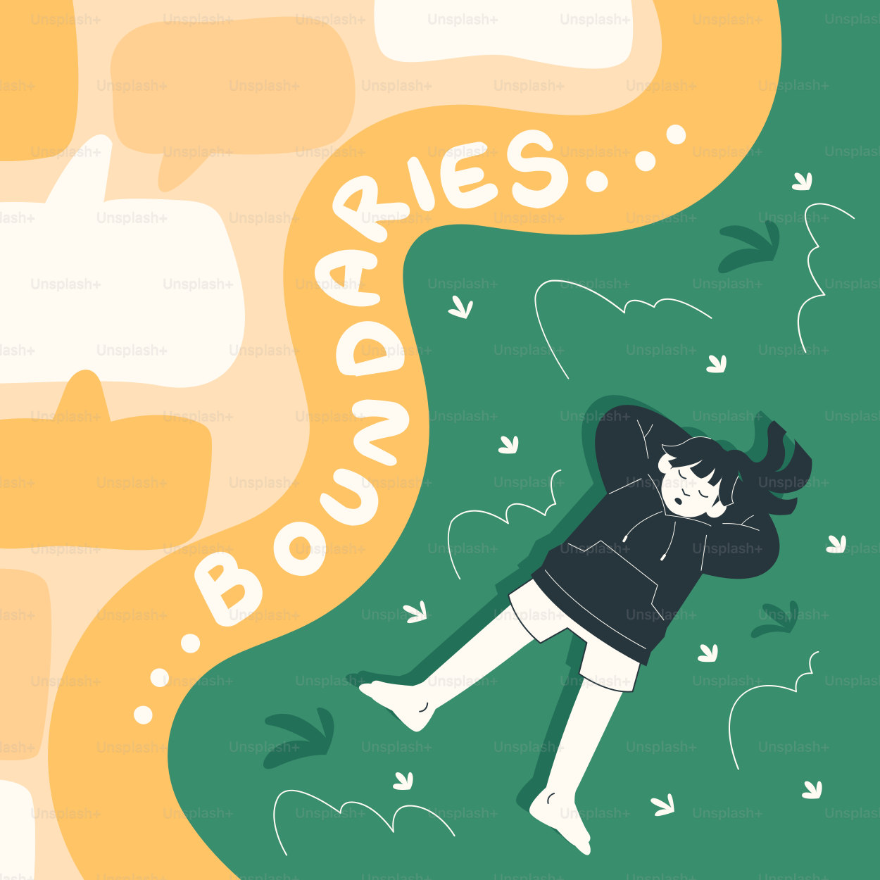 Person, die auf Gras liegt und Sprechblasen darüber hat.