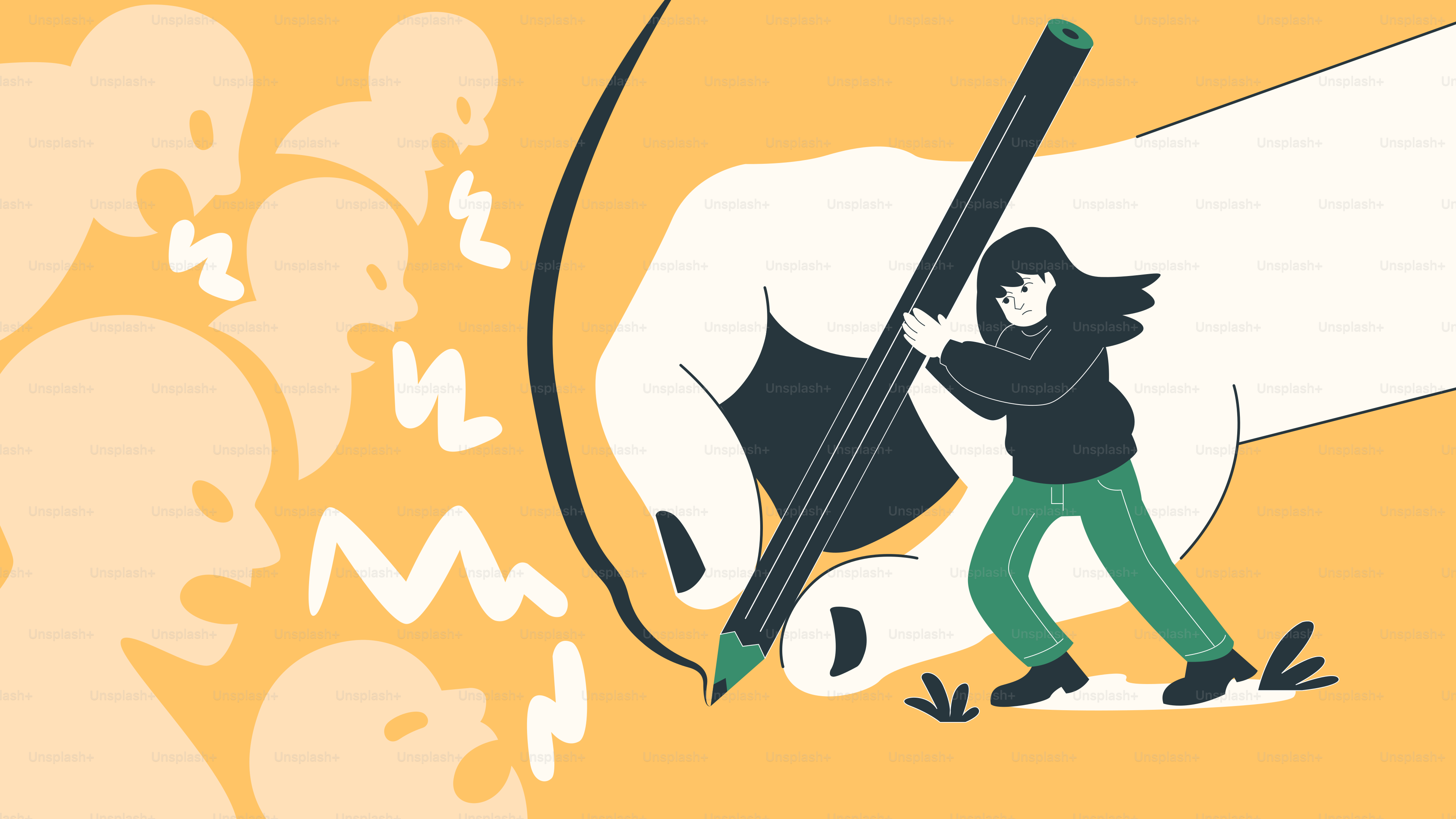 Person, die gegen wütende, schreiende Gestalten schreibt, schreibt