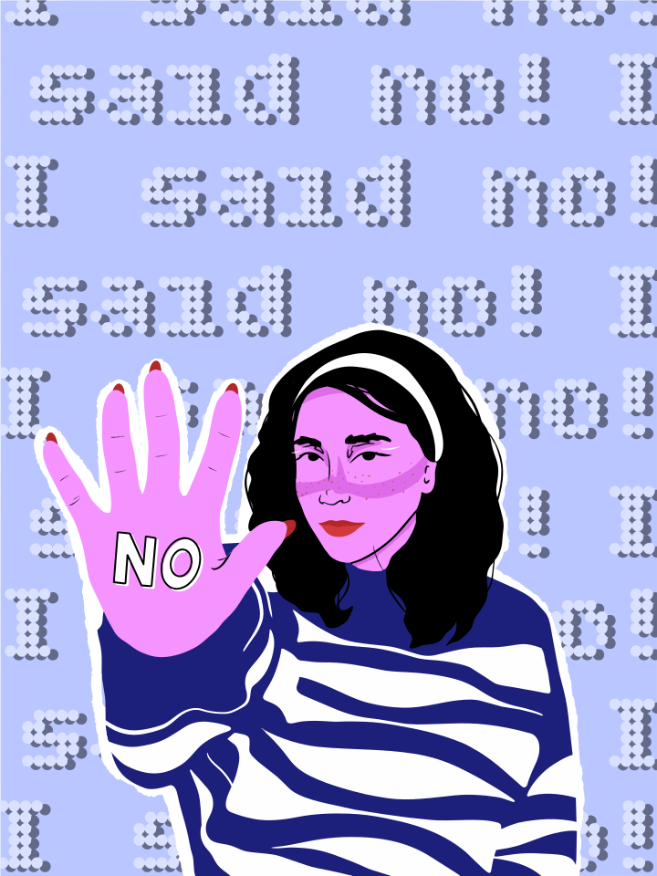 Woman holds up hand with no word on palm.