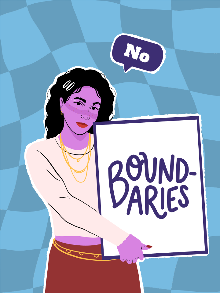 Woman holds sign saying "boundaries" with "no" speech bubble.