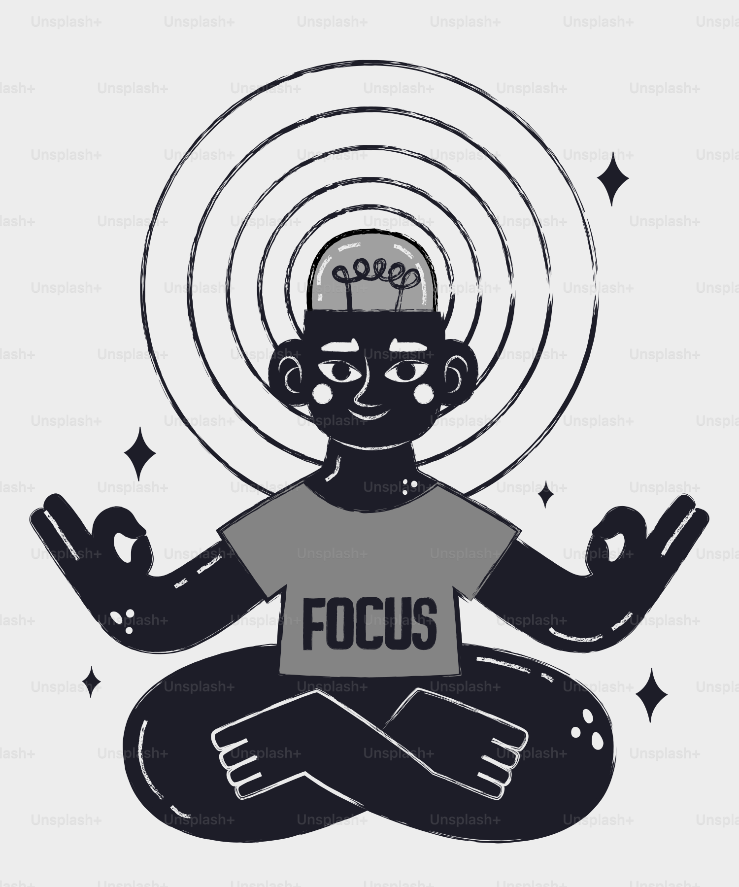 Person meditating with a lightbulb and focus symbol.