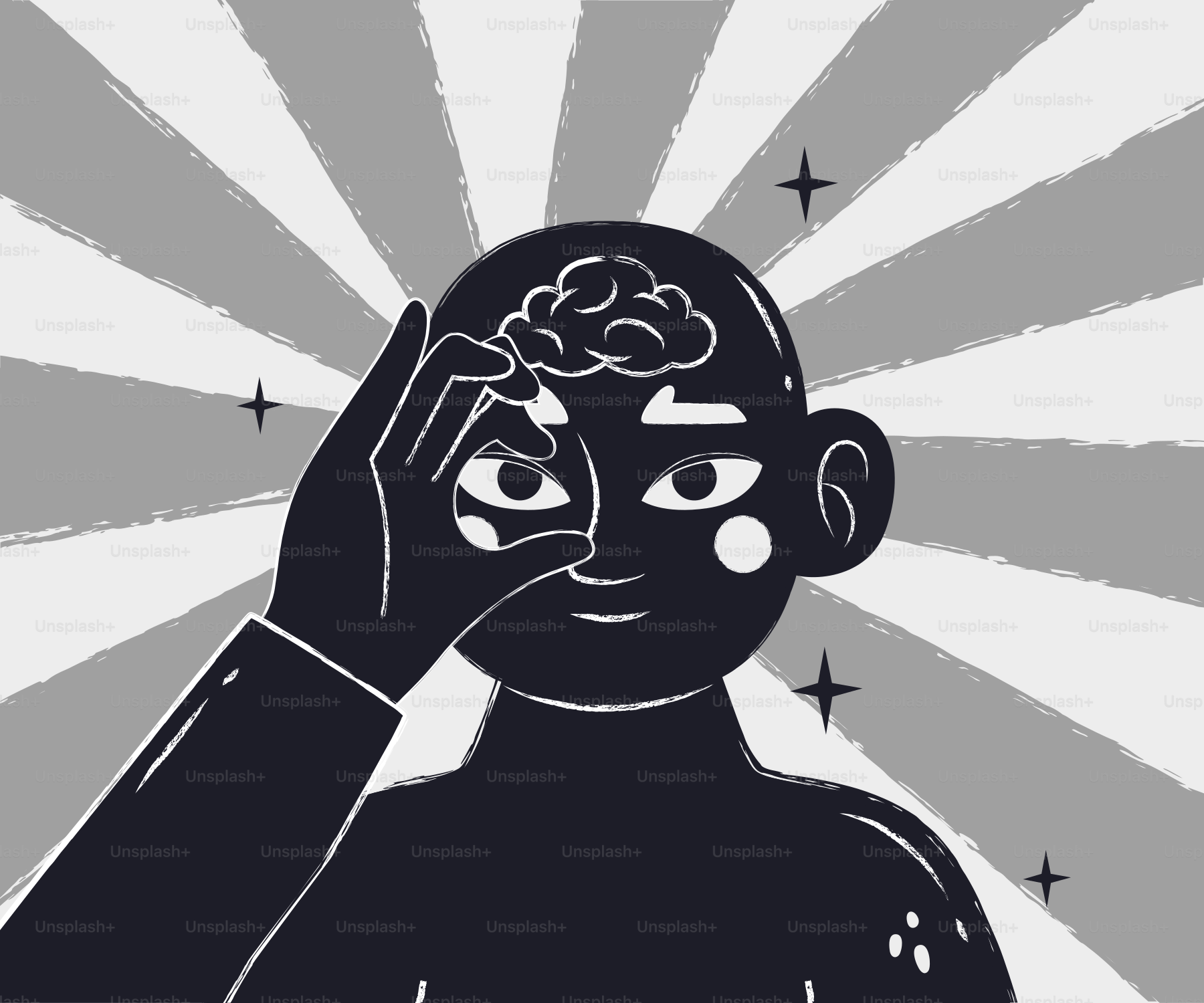 Person looking through hand with brain visible.