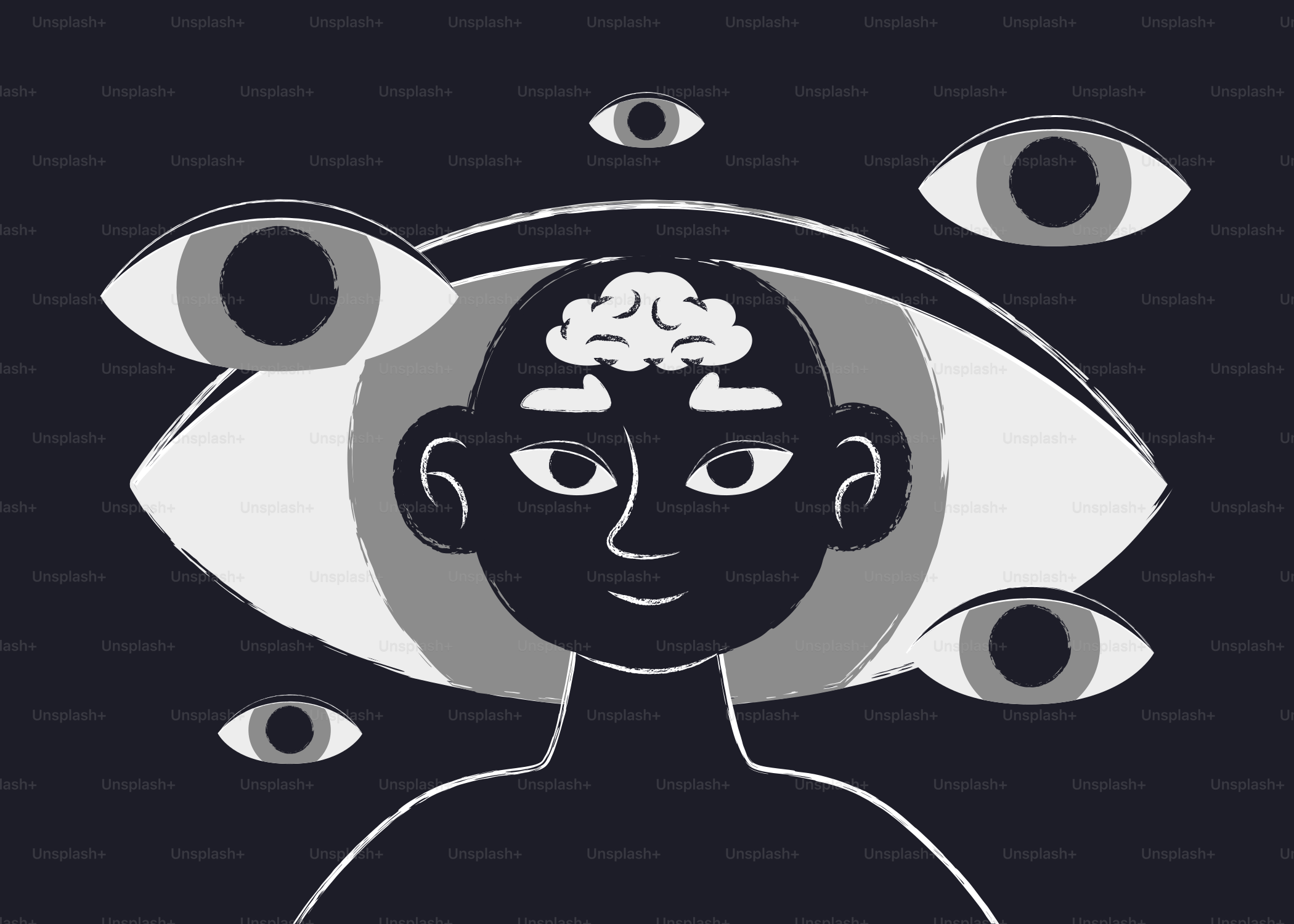 A person with a brain and many eyes watching