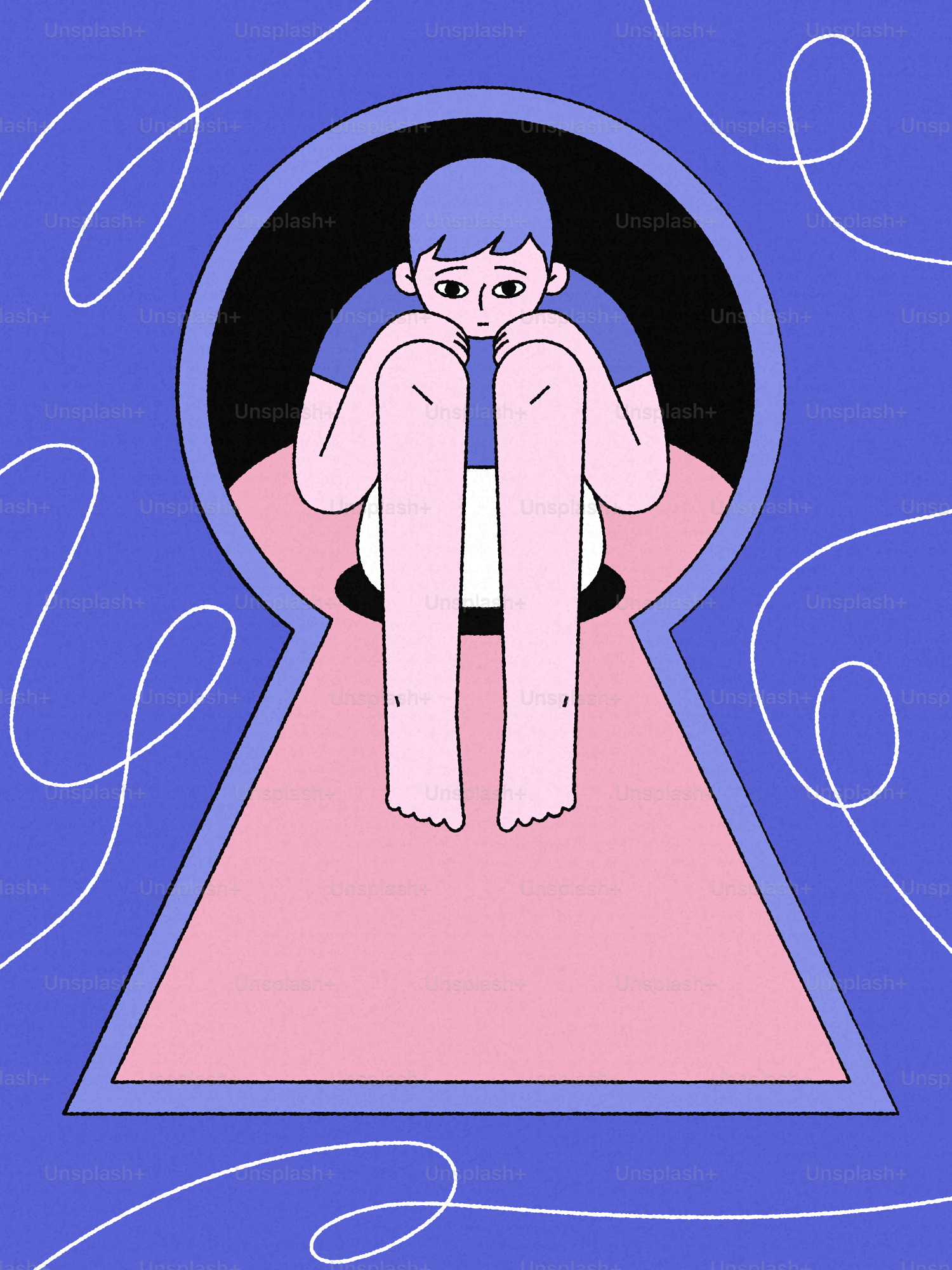 Un ragazzo è seduto rannicchiato dentro un buco della serratura.