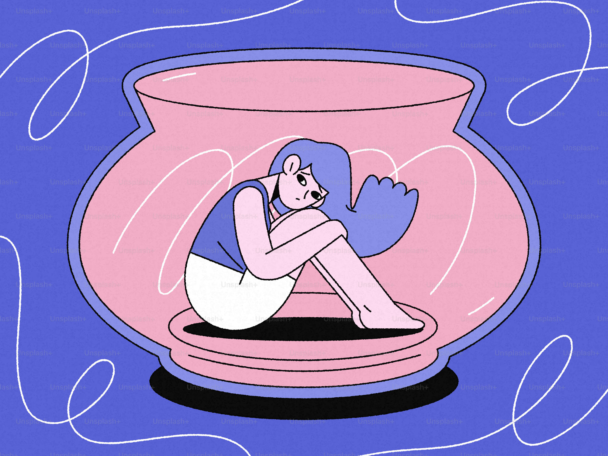 Donna rannicchiata dentro un'illustrazione di una boccia