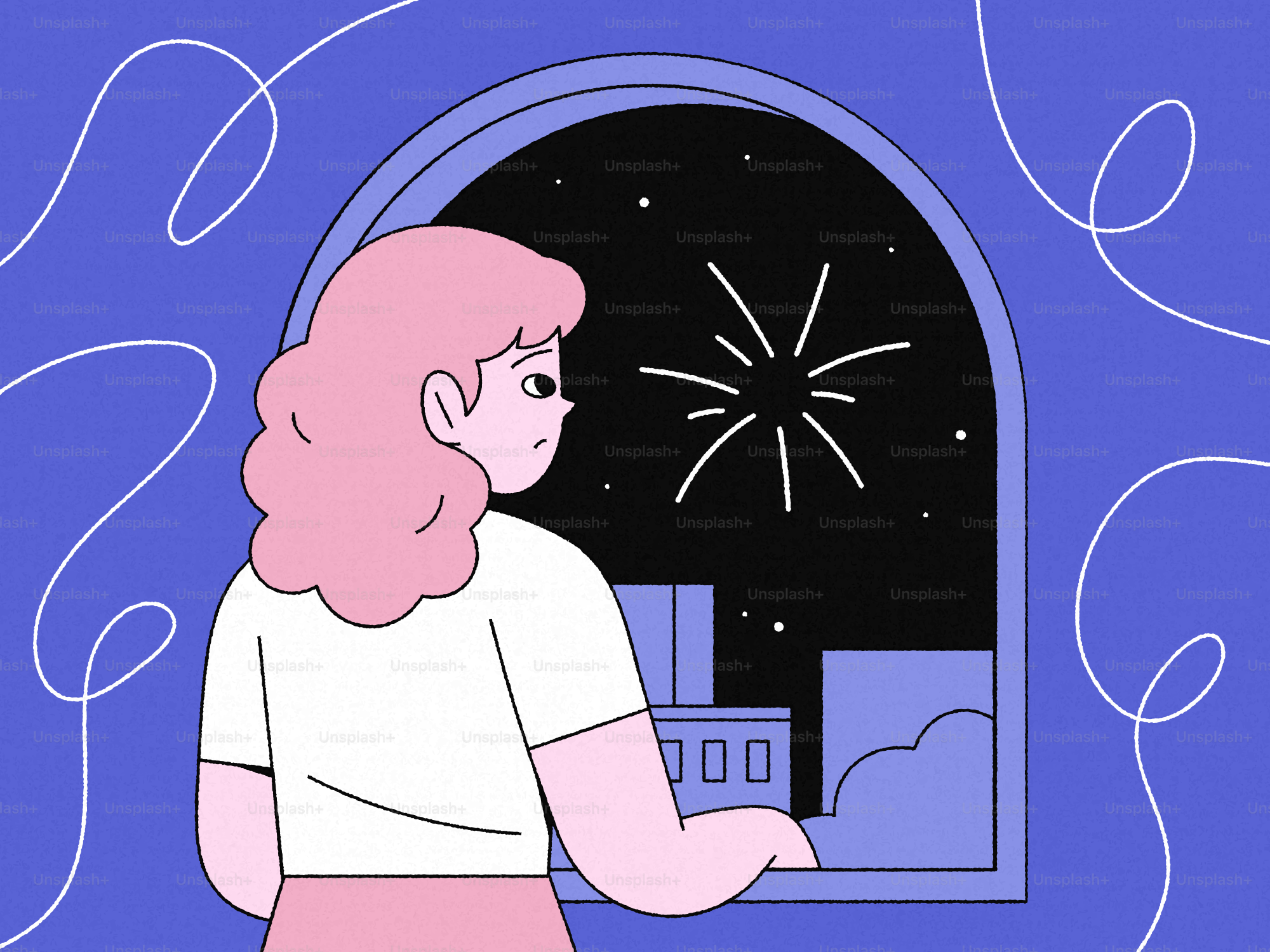 Woman looking out window at fireworks