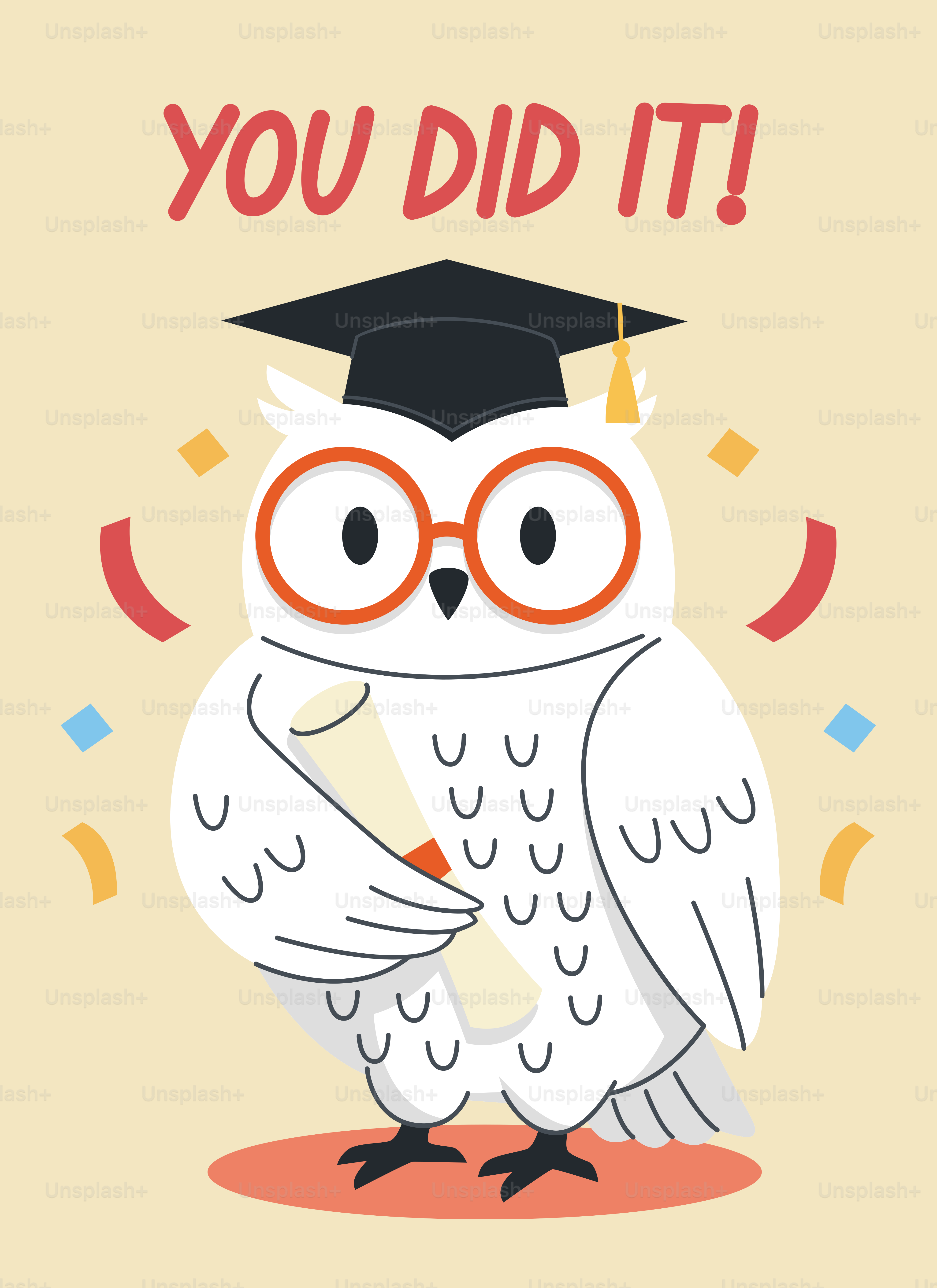 졸업 부엉이가 색종이 조각이 묻은 졸업장을 들고 있었다.