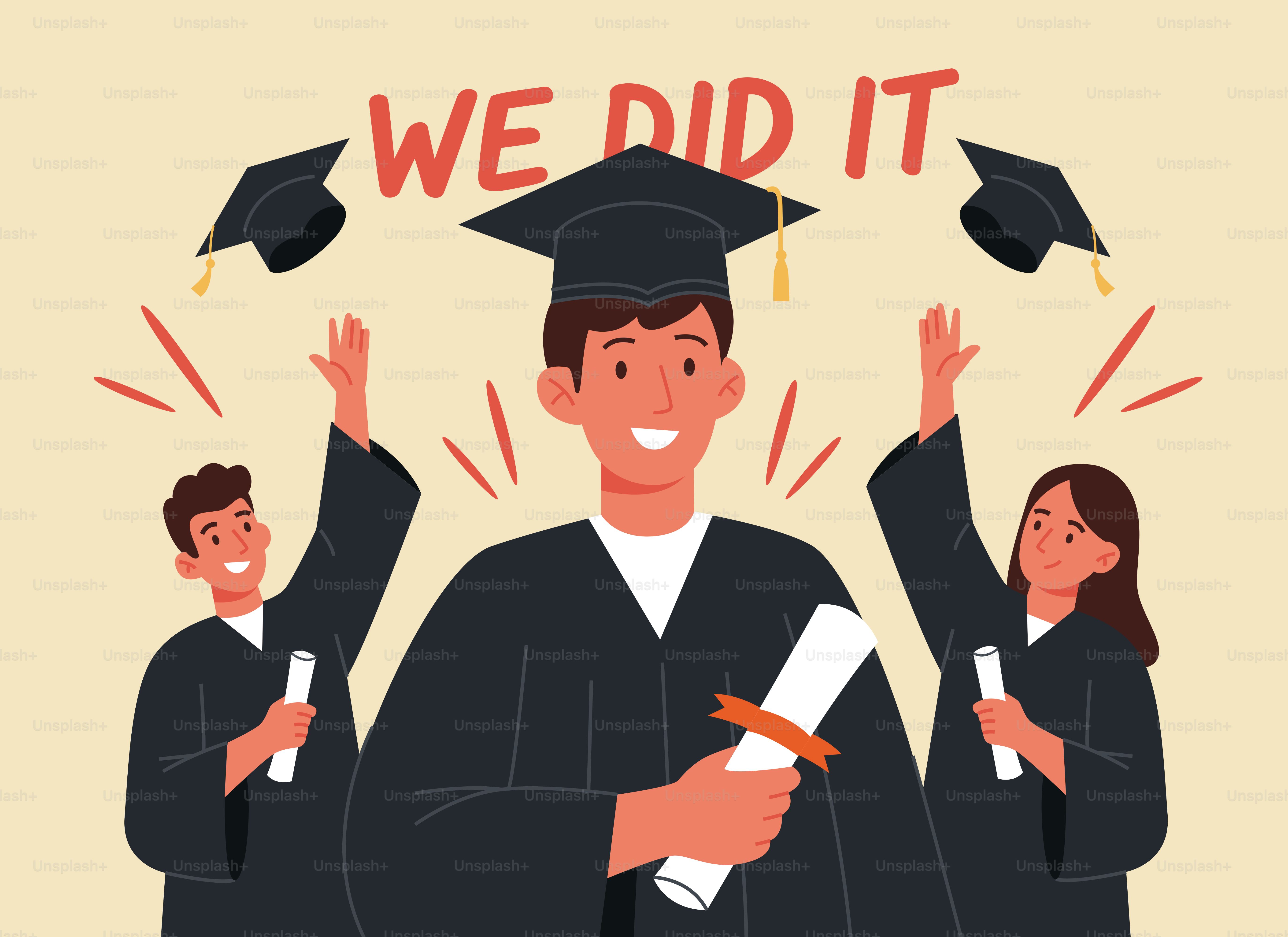 졸업장과 졸업장을 들고 모자와 가운을 입고 축하하는 모습.