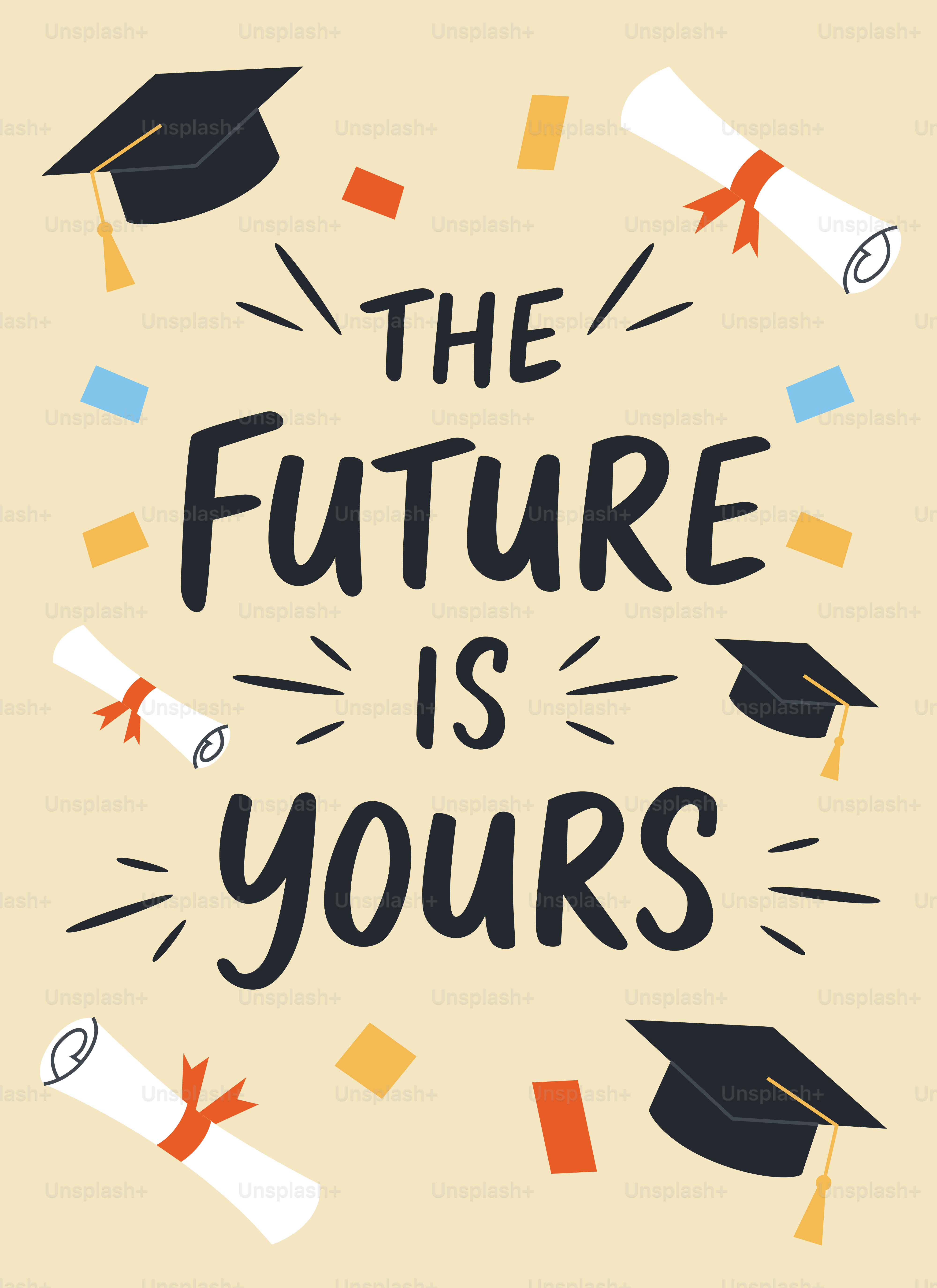 졸업 모자와 졸업장에는 색종이, 글씨가 적혀 있습니다.