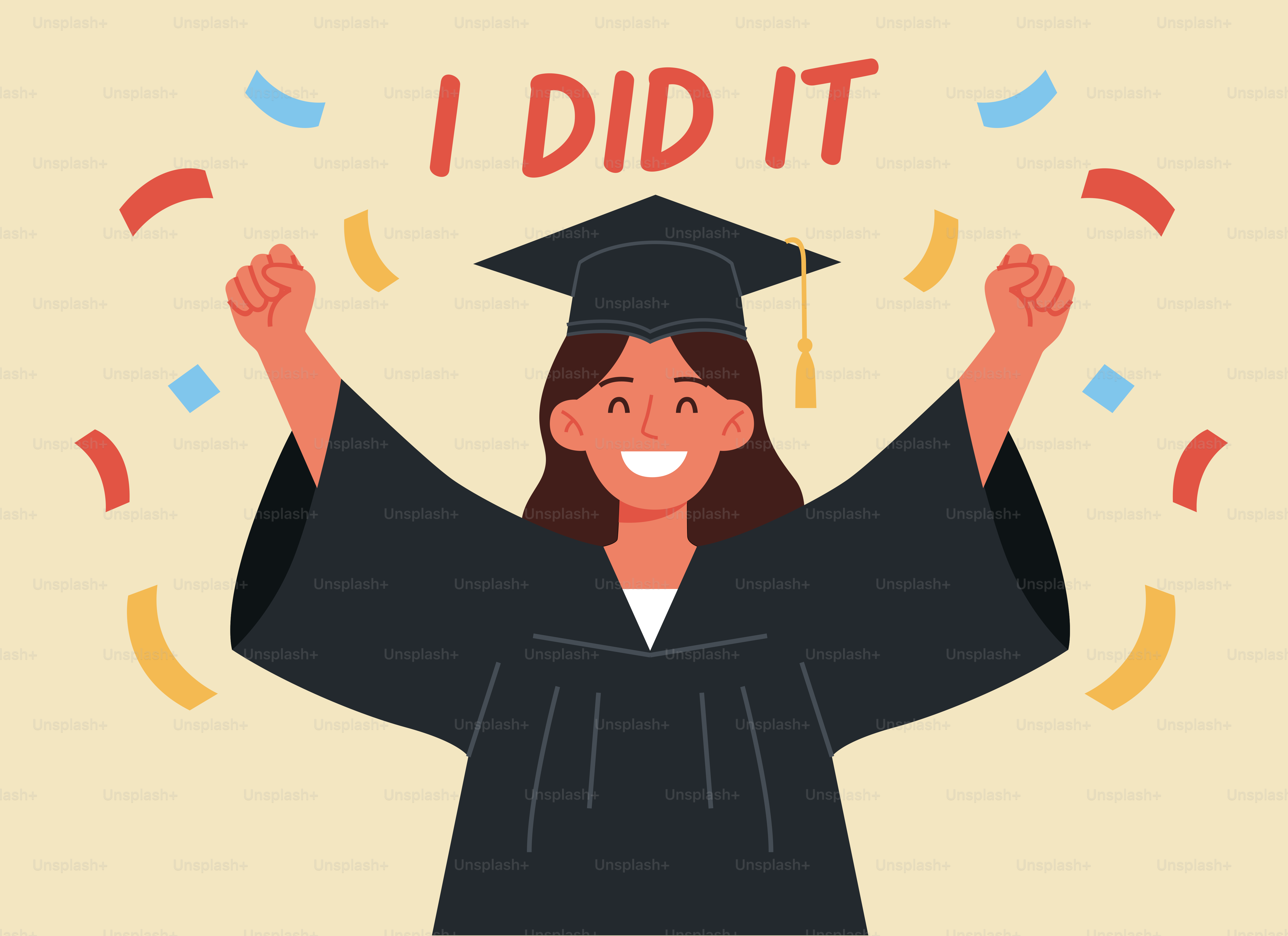 모자와 가운을 입고 색종이 조각이 뿌려진 미소 짓는 졸업생.