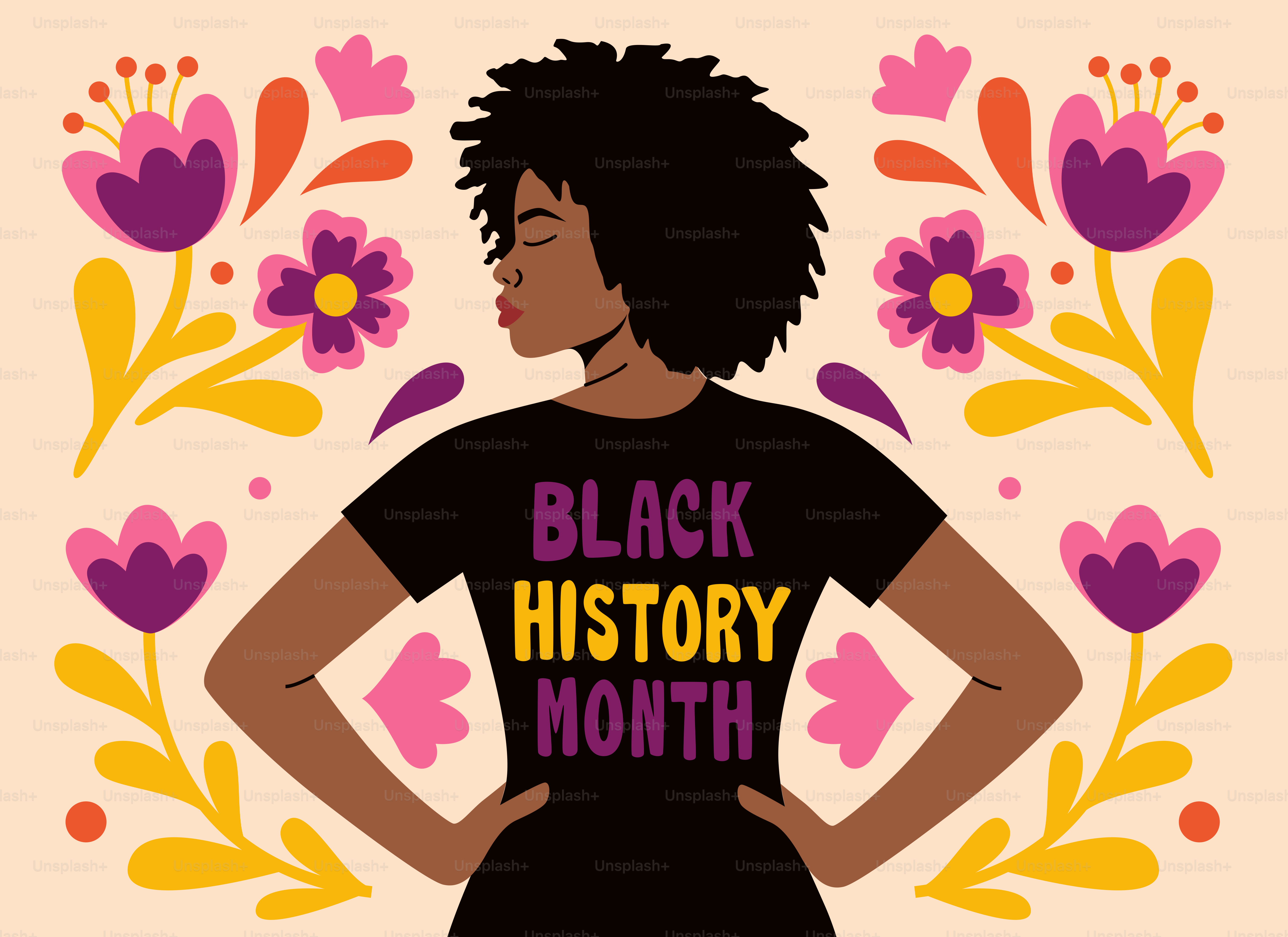꽃무늬가 있는 흑인 역사의 달 티셔츠를 입은 여성