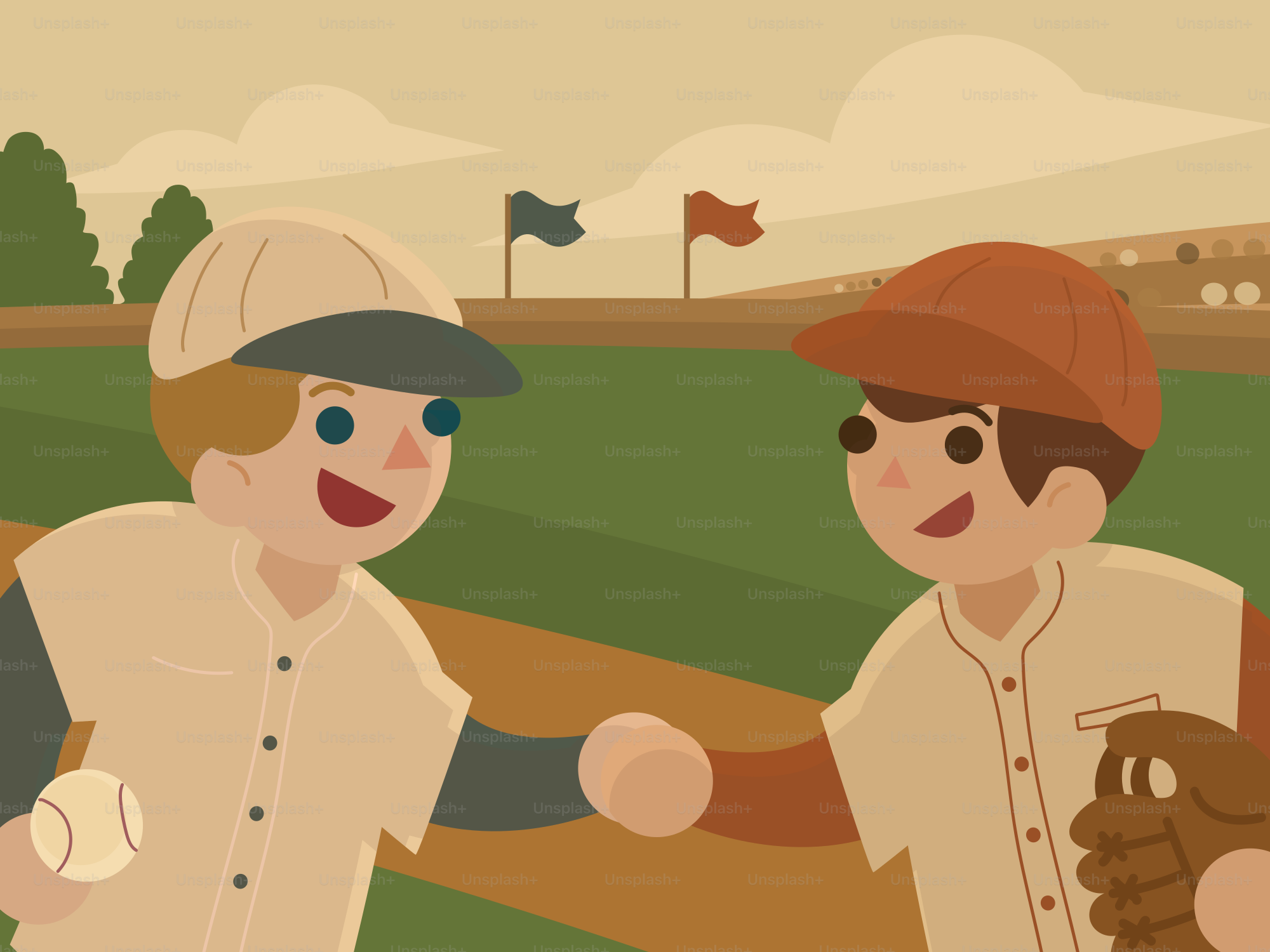 Zwei Cartoon-Baseballspieler, die sich auf dem Spielfeld die Hand geben.