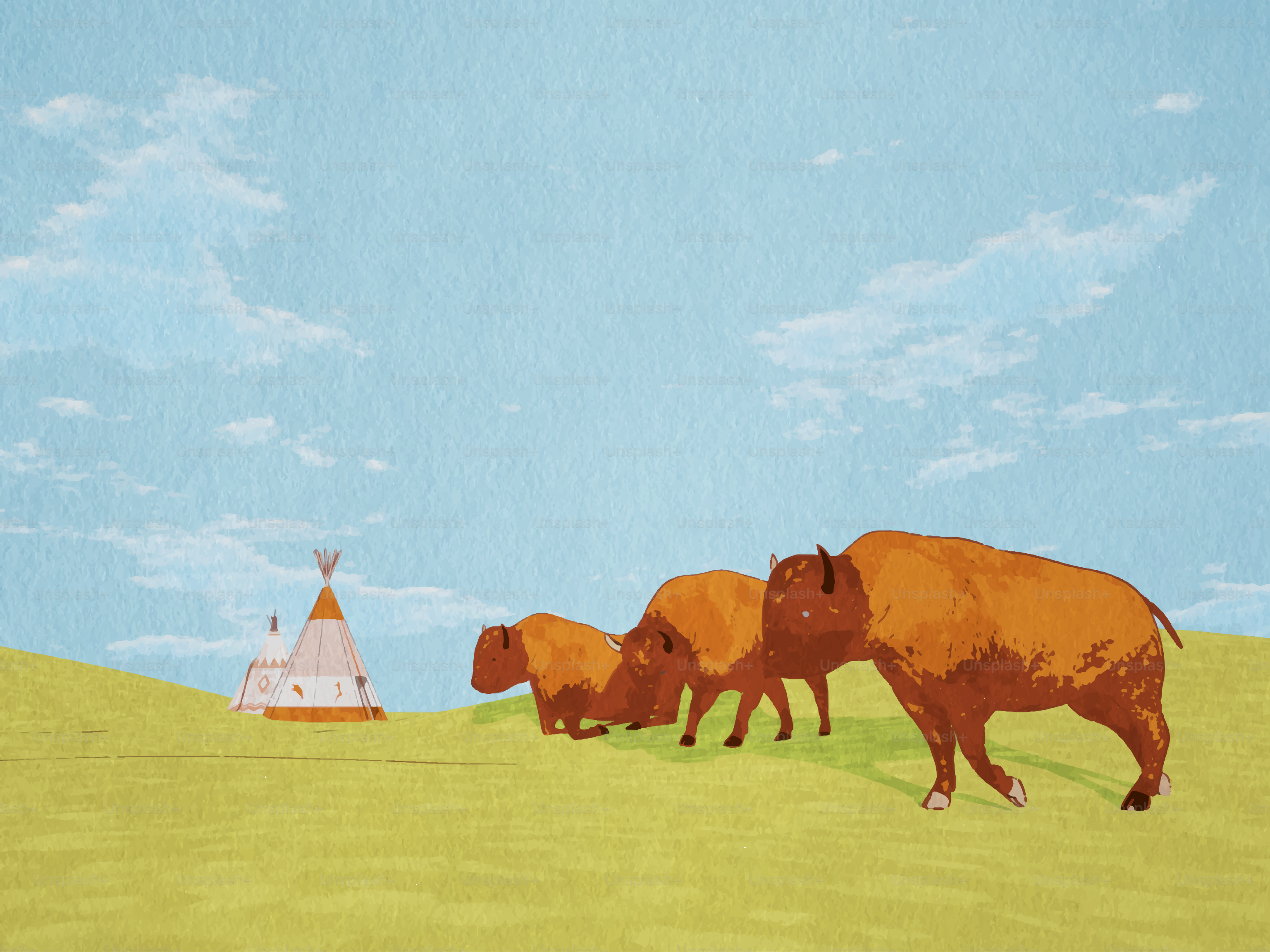 Bison walk across a grassy plain near a teepee.