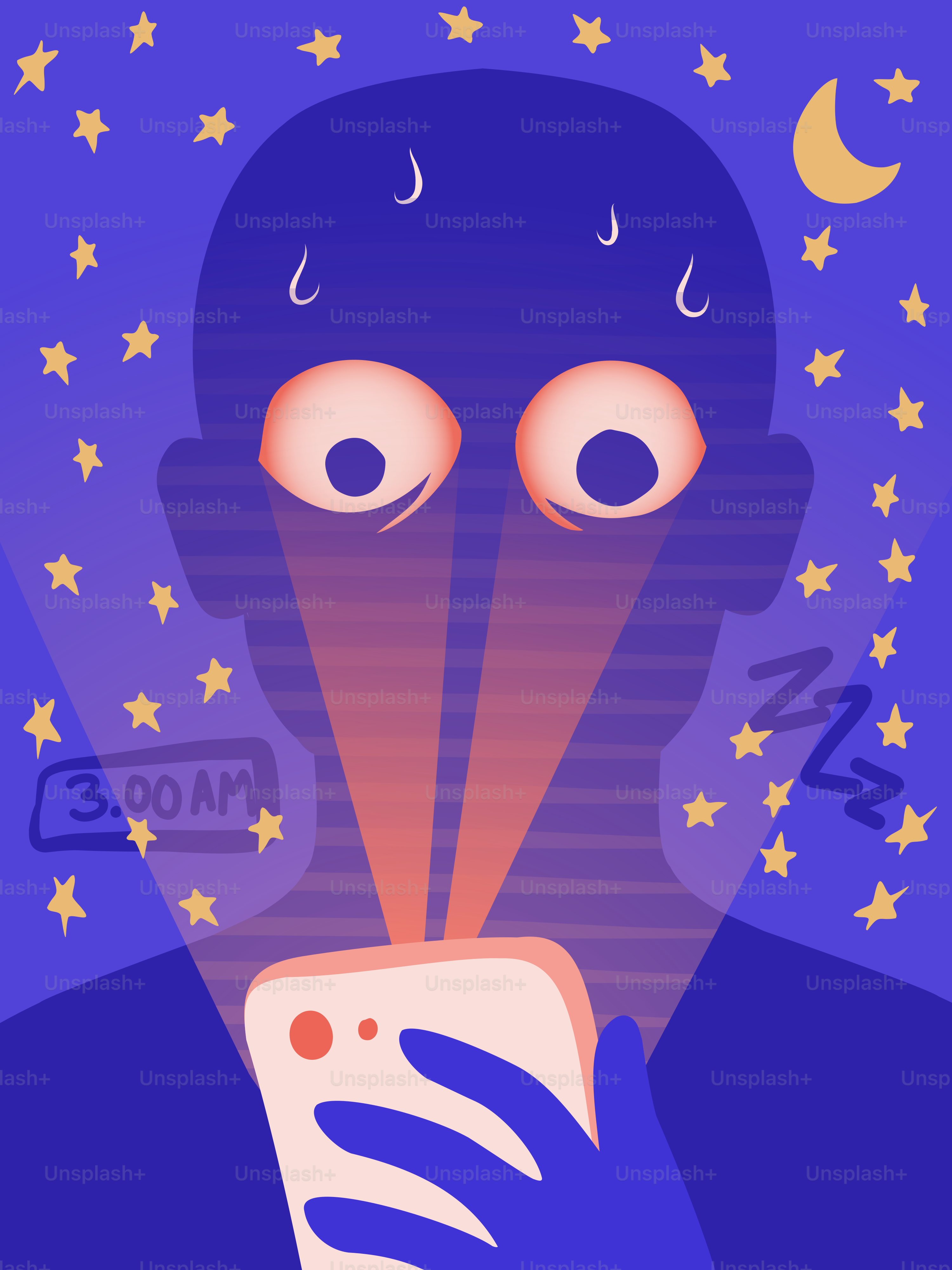 Person staring at phone at 3 am with wide eyes.