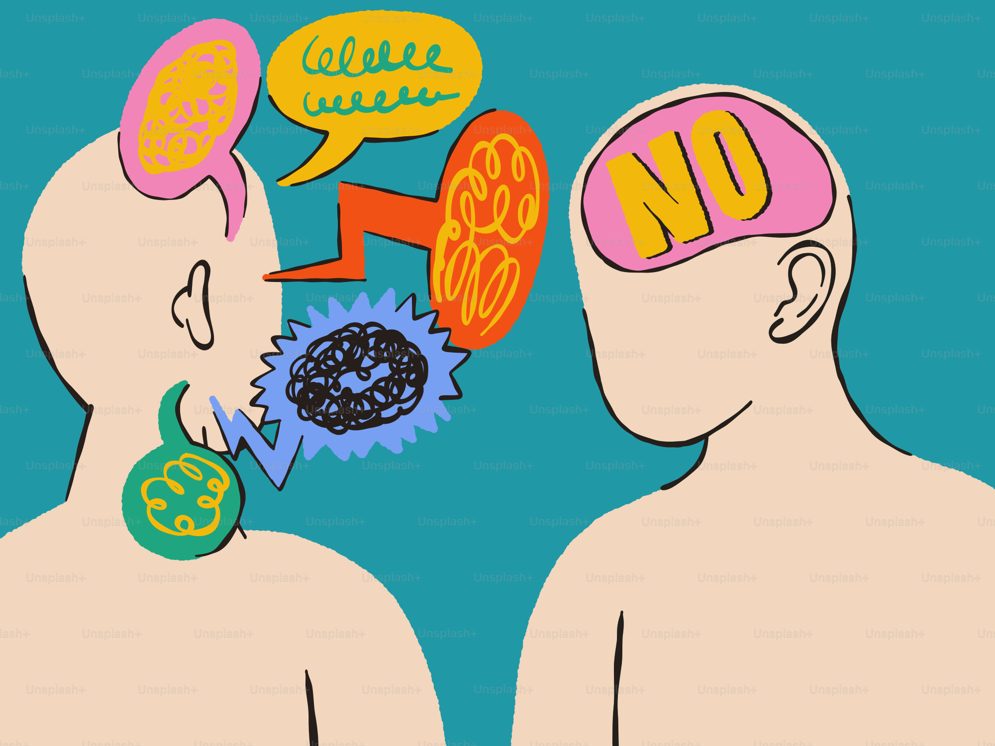 Due teste con fumetti e immagini cerebrali.