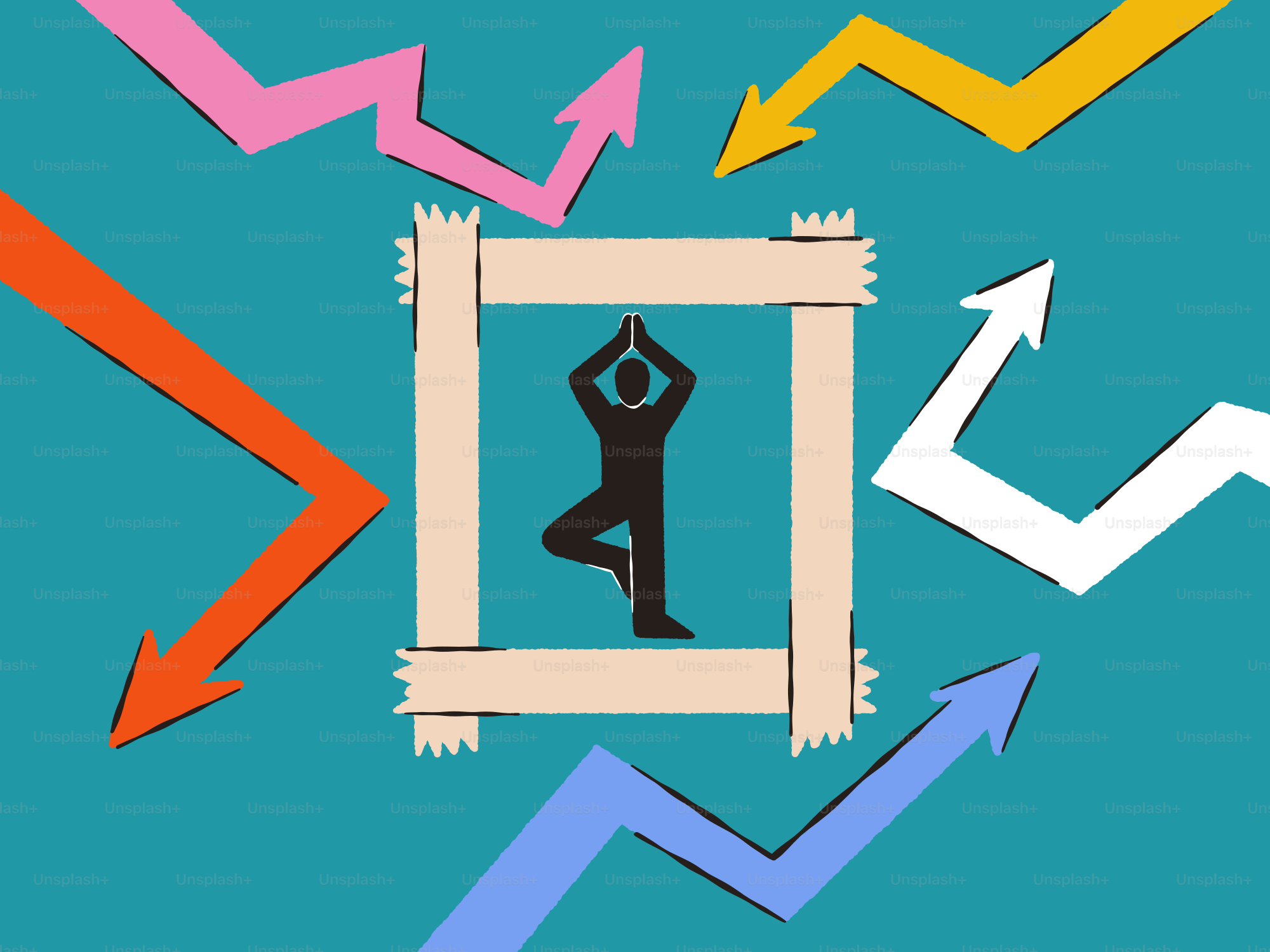 Silhouette di una persona in posa sugli alberi circondata da frecce colorate