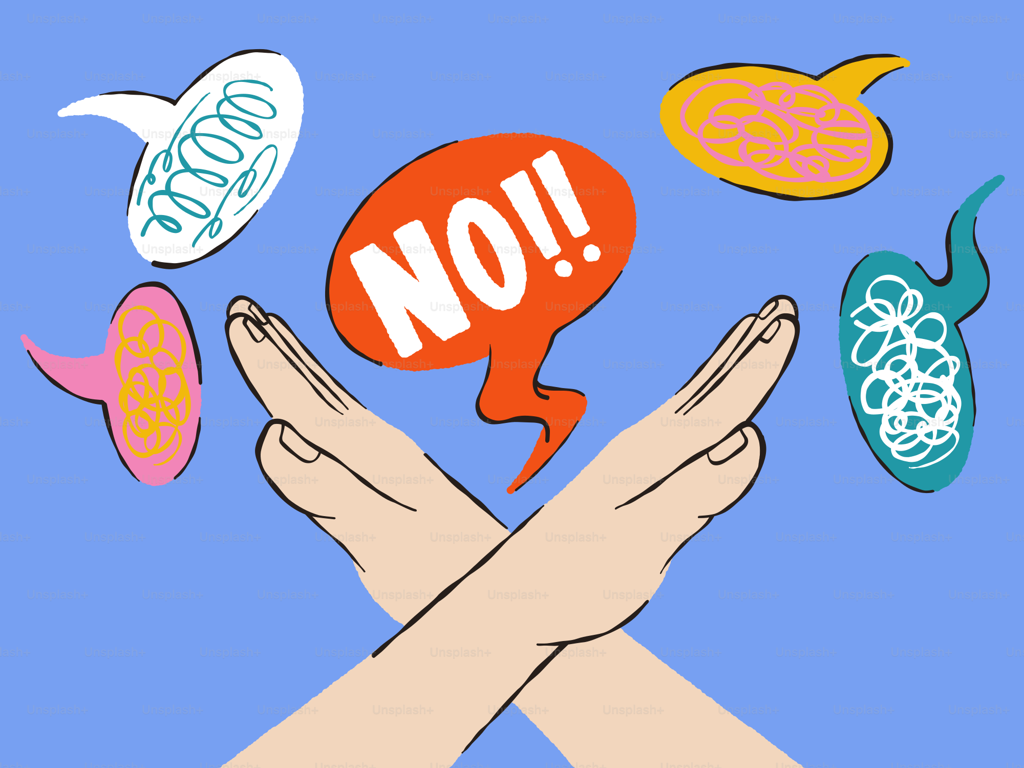 Mani che formano una x con le fumette e "no!!"