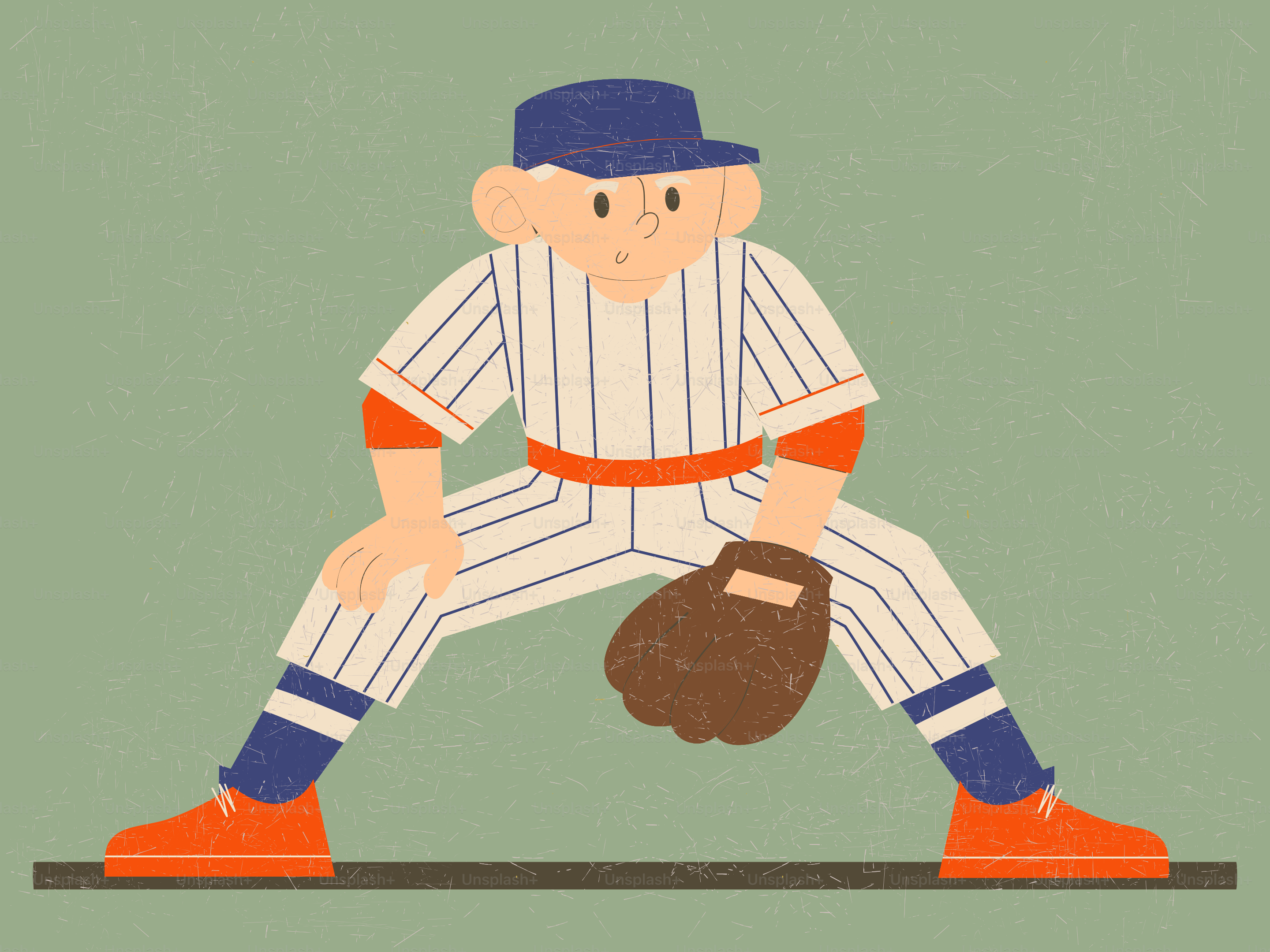 A baseball player in uniform crouches on field.