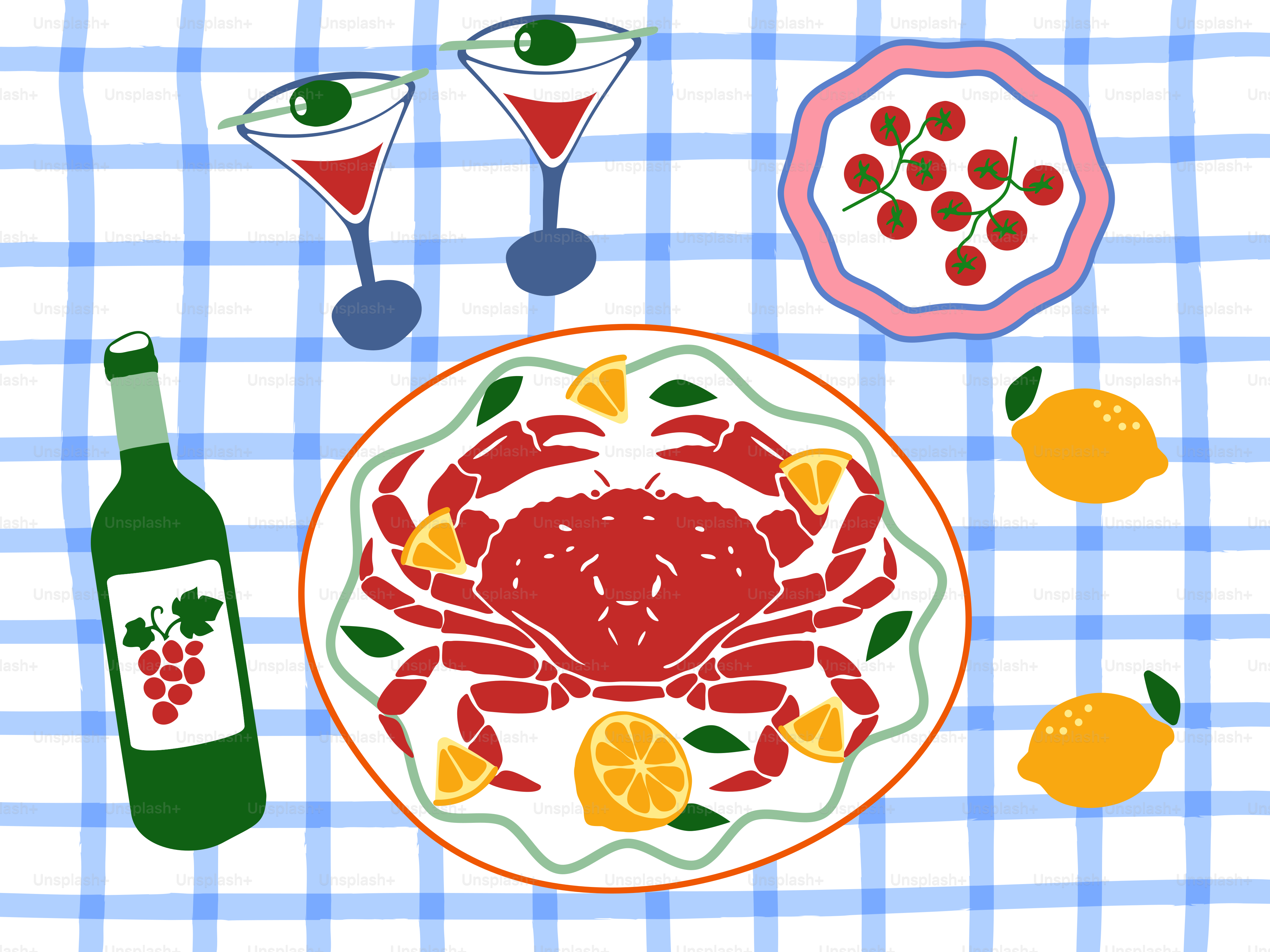 A festive meal with crab, cocktails, wine, and lemons.