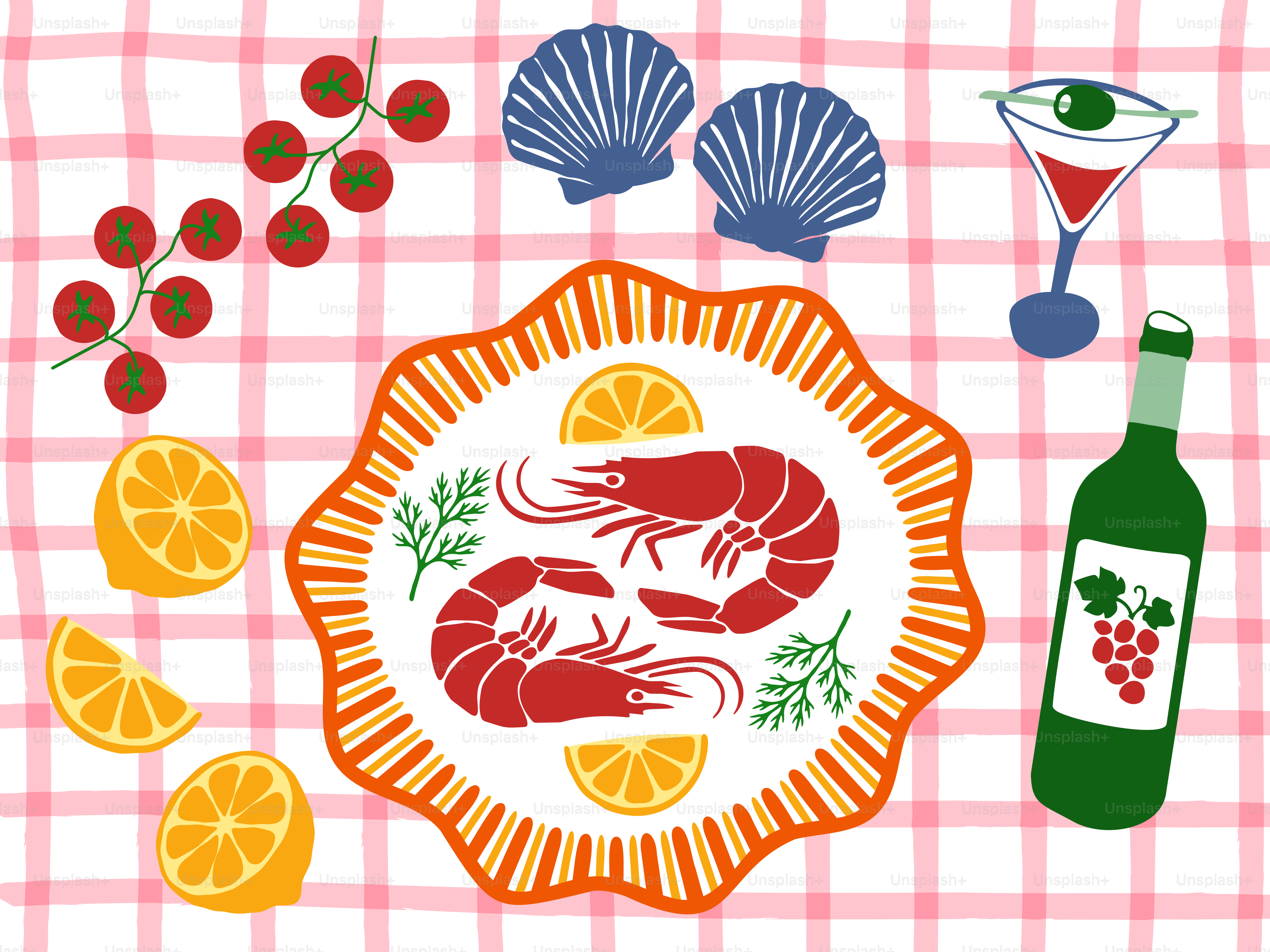 Seafood platter with shrimp, lemon, and wine.