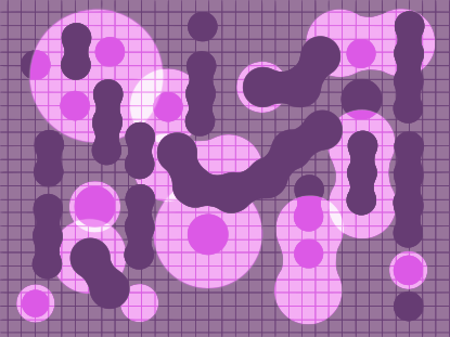 Motivo astrato di forme viola e rosa su griglia