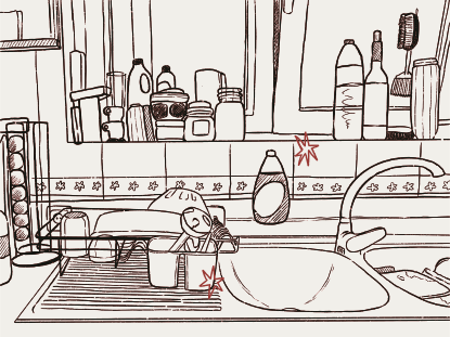 A kitchen sink area with dishes and cleaning supplies.