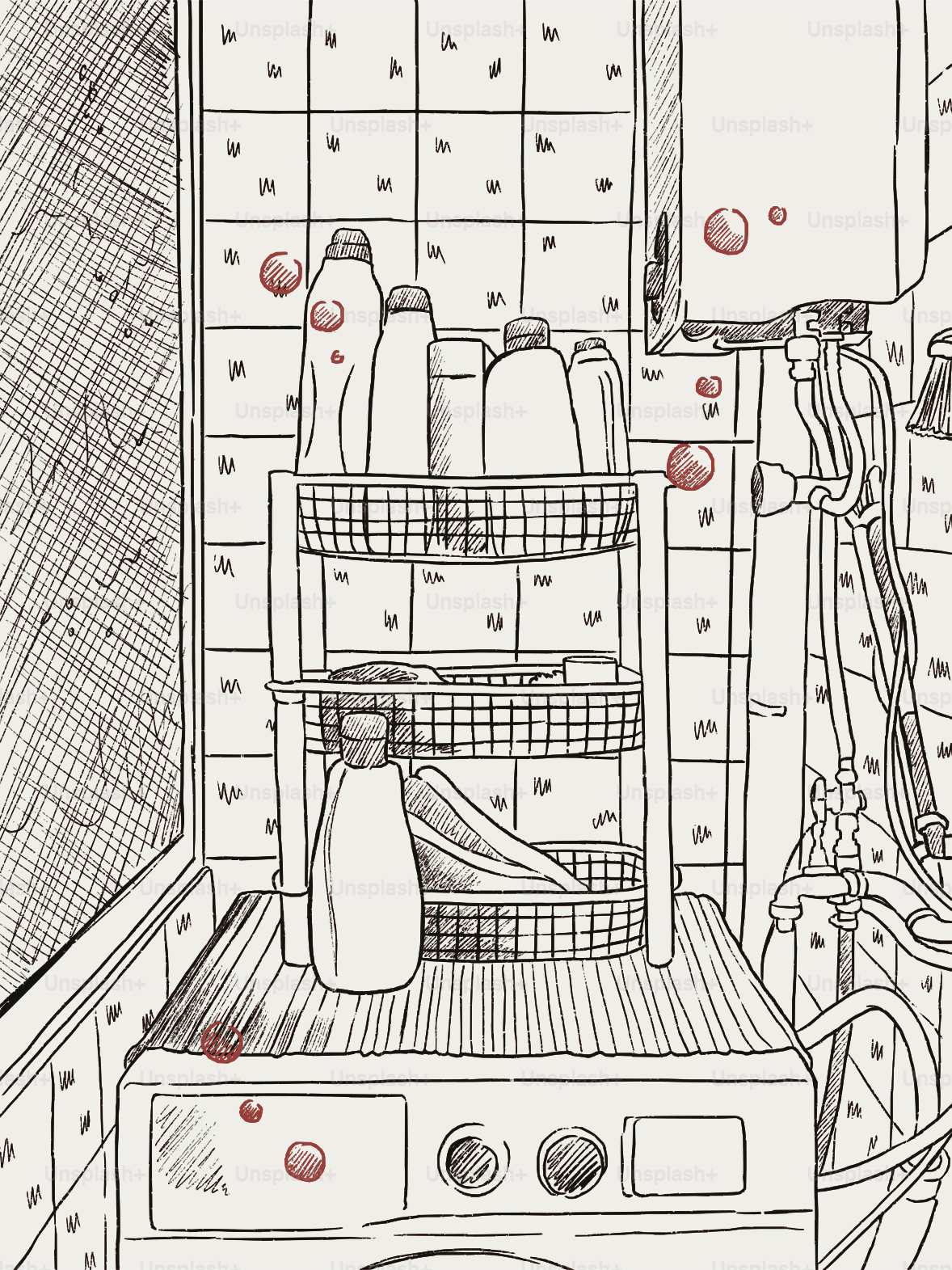 Des bouteilles de produits de toilette sur une étagère au-dessus d’une machine à laver.