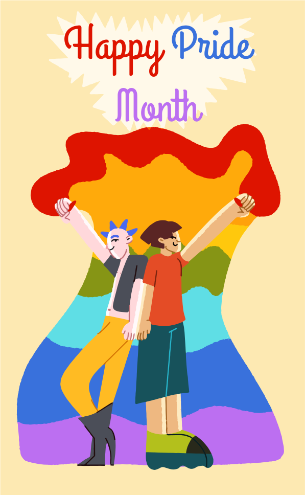 Duas pessoas comemorando o mês do orgulho com cores do arco-íris.