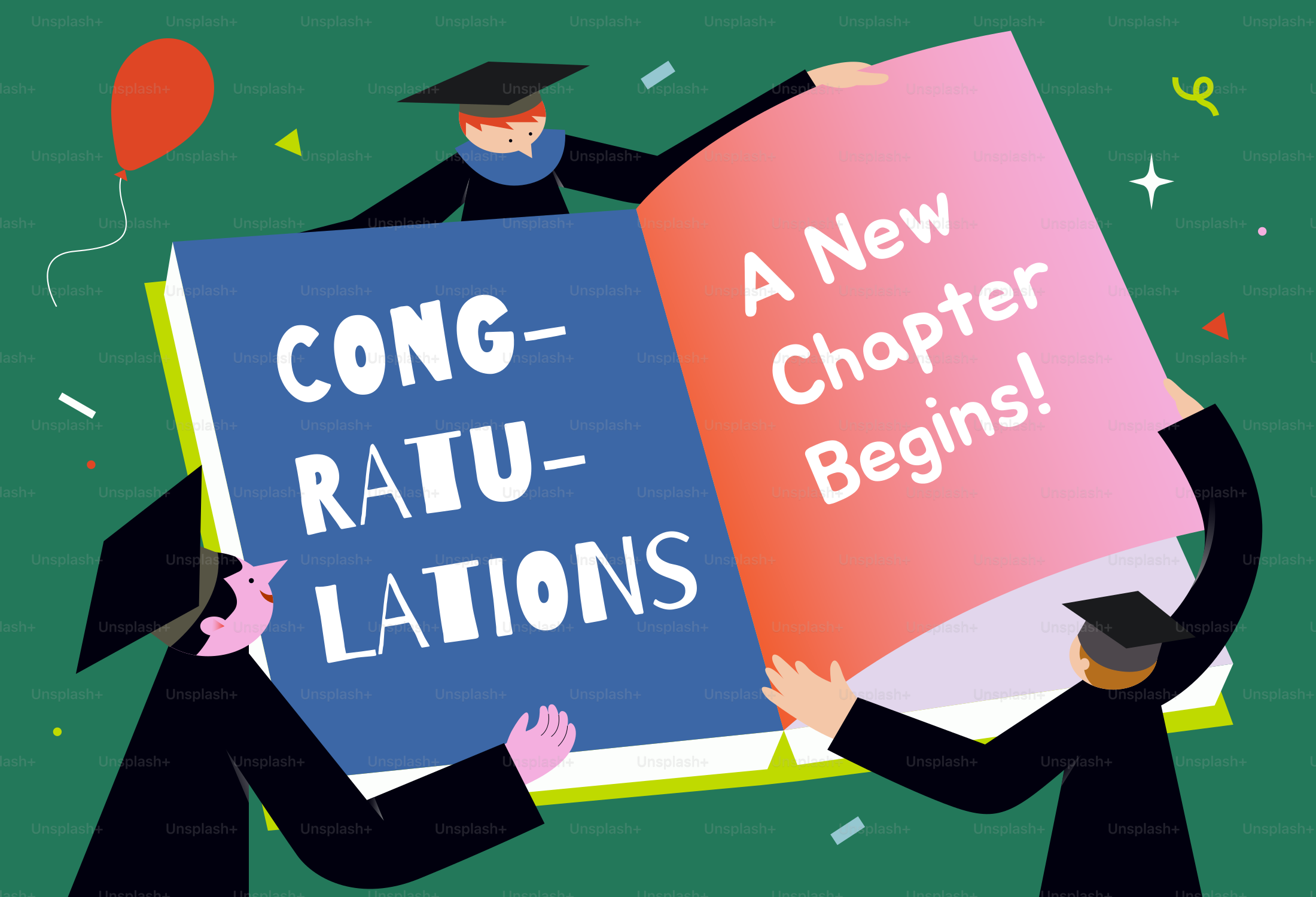 졸업생들은 축하 메시지가 담긴 열린 책을 들고 있습니다.