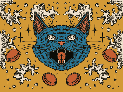 Una testa di gatto blu con zanne e bocca aperta.