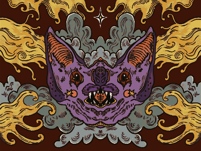 Un volto stilizzato viola di pipistrello con zanne e grandi orecchie.